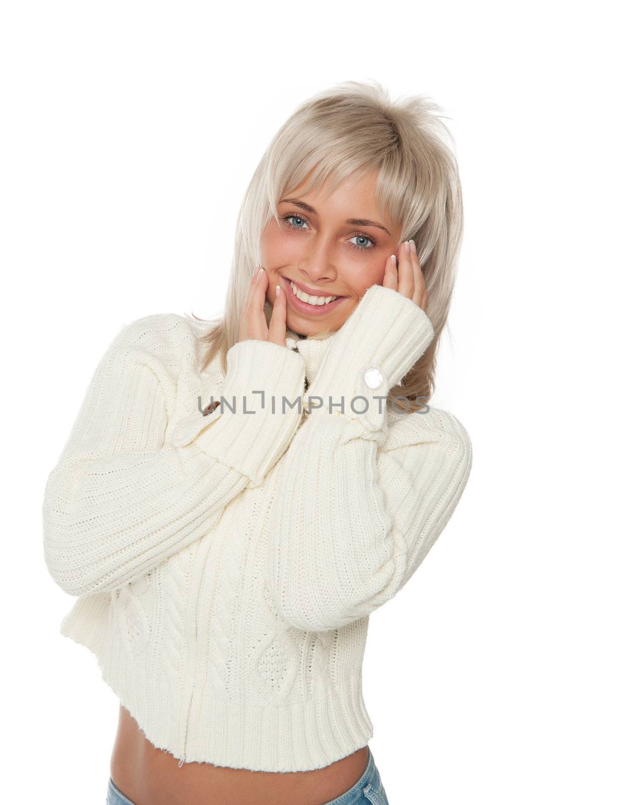 beautiful woman in white sweater smiles