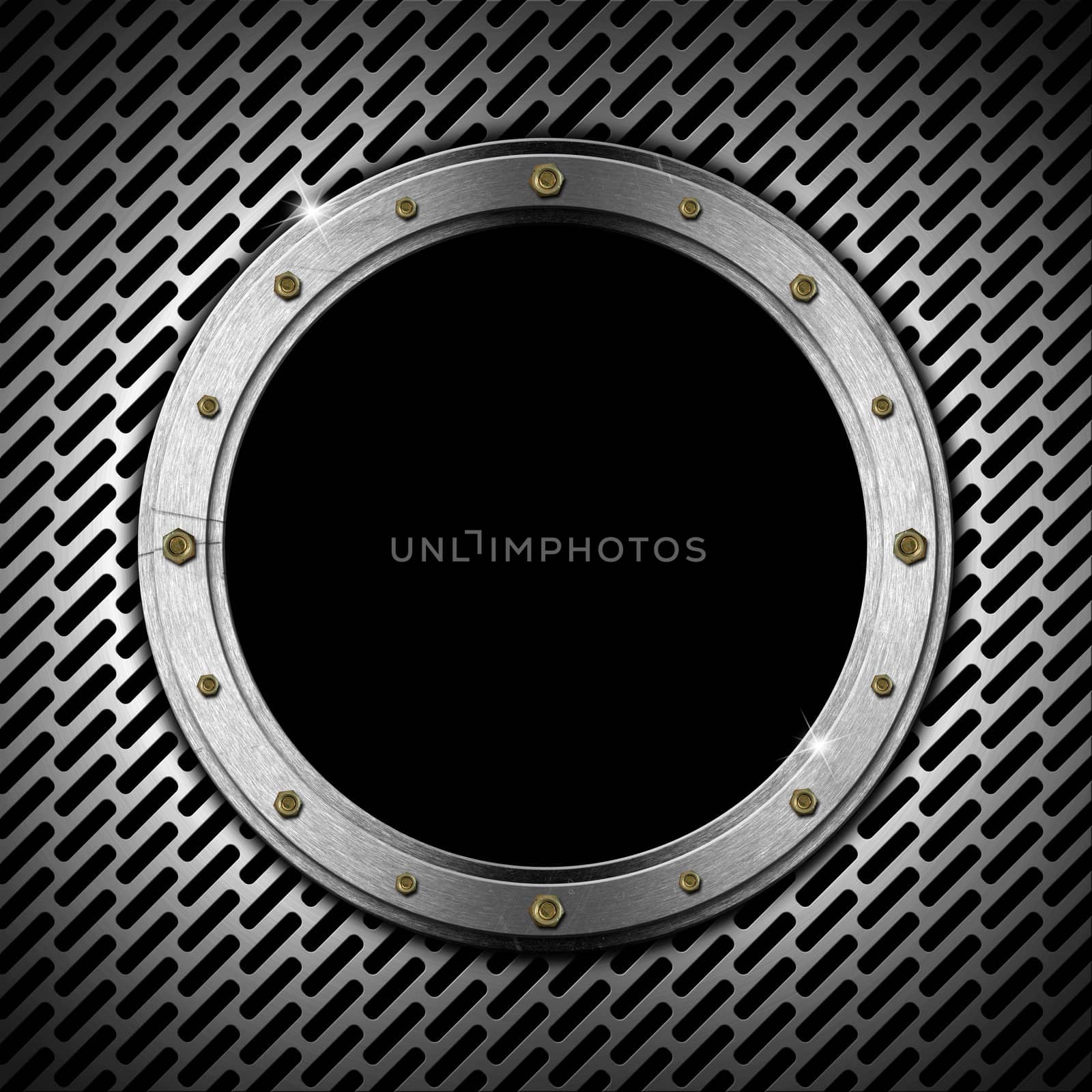 Dark gray metallic porthole with grid, bolts and black hole (window) 
