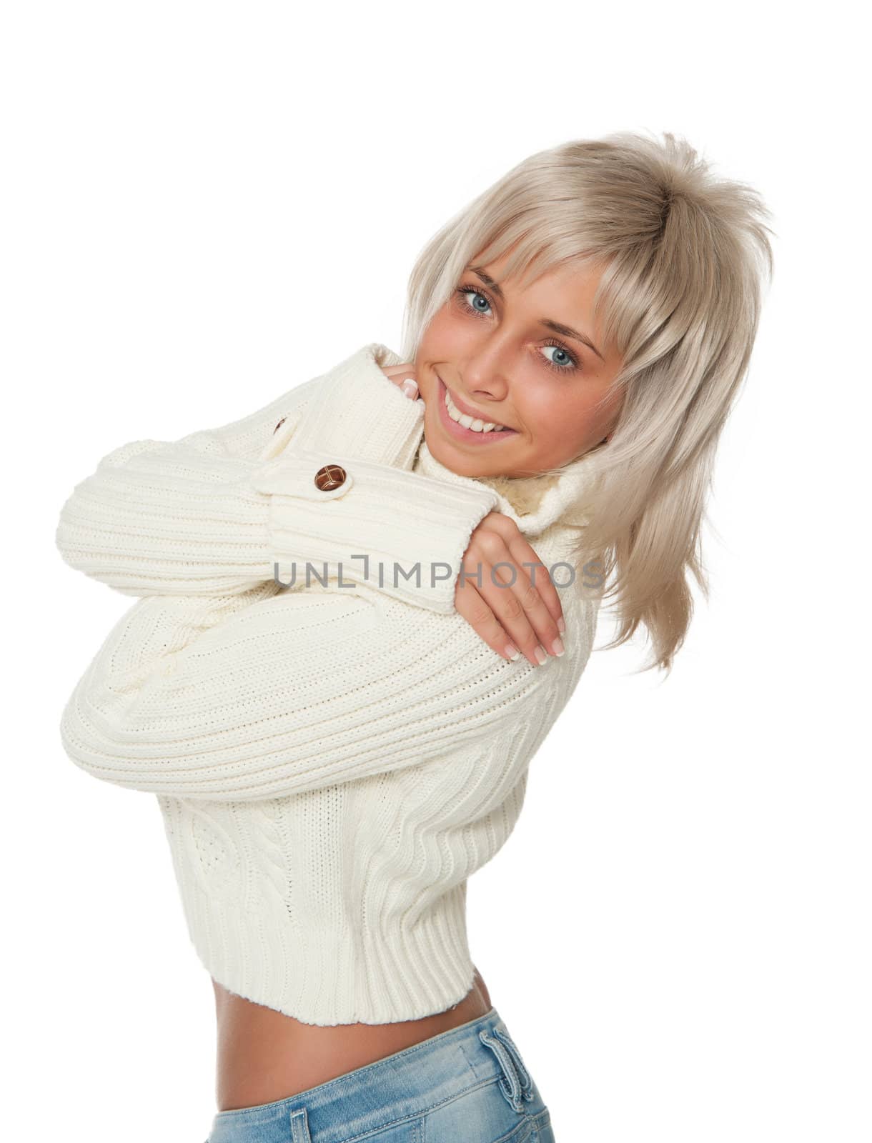 beautiful woman in white sweater smiles