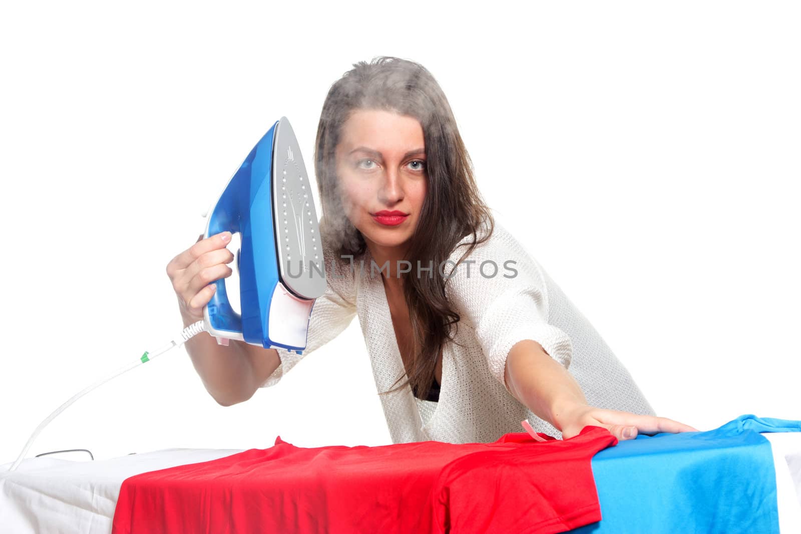 Ironing woman, isolated on white