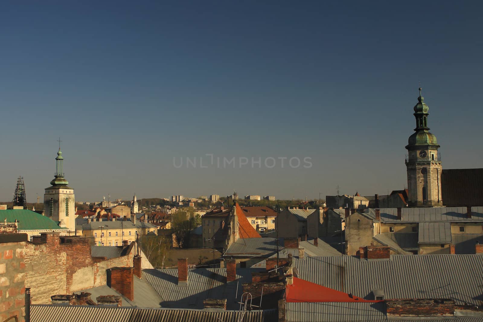 View of the old city of Lviv - the city's rooftops and the Bernardine Monastery