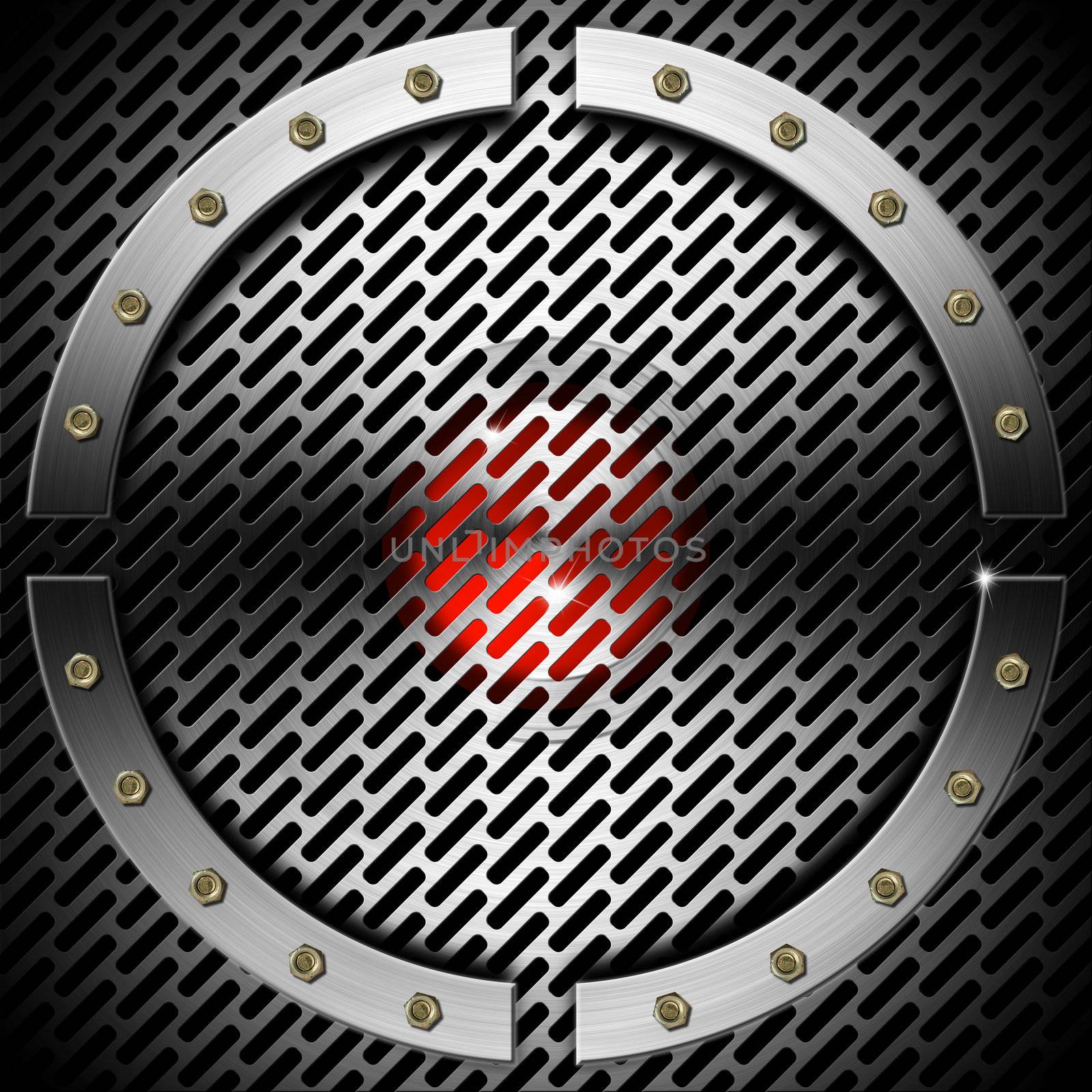 Red and metal business background with grid, hexagons, circle and bolts
