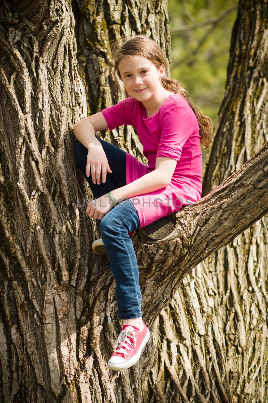 Young girl sitting in a tree