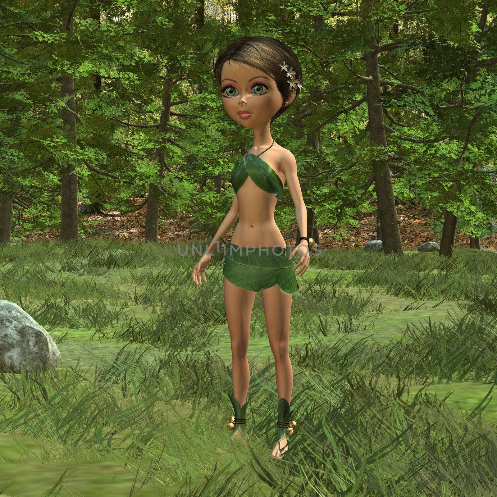 3D digital render of a cute elf girl in a leafy suit in a green forest