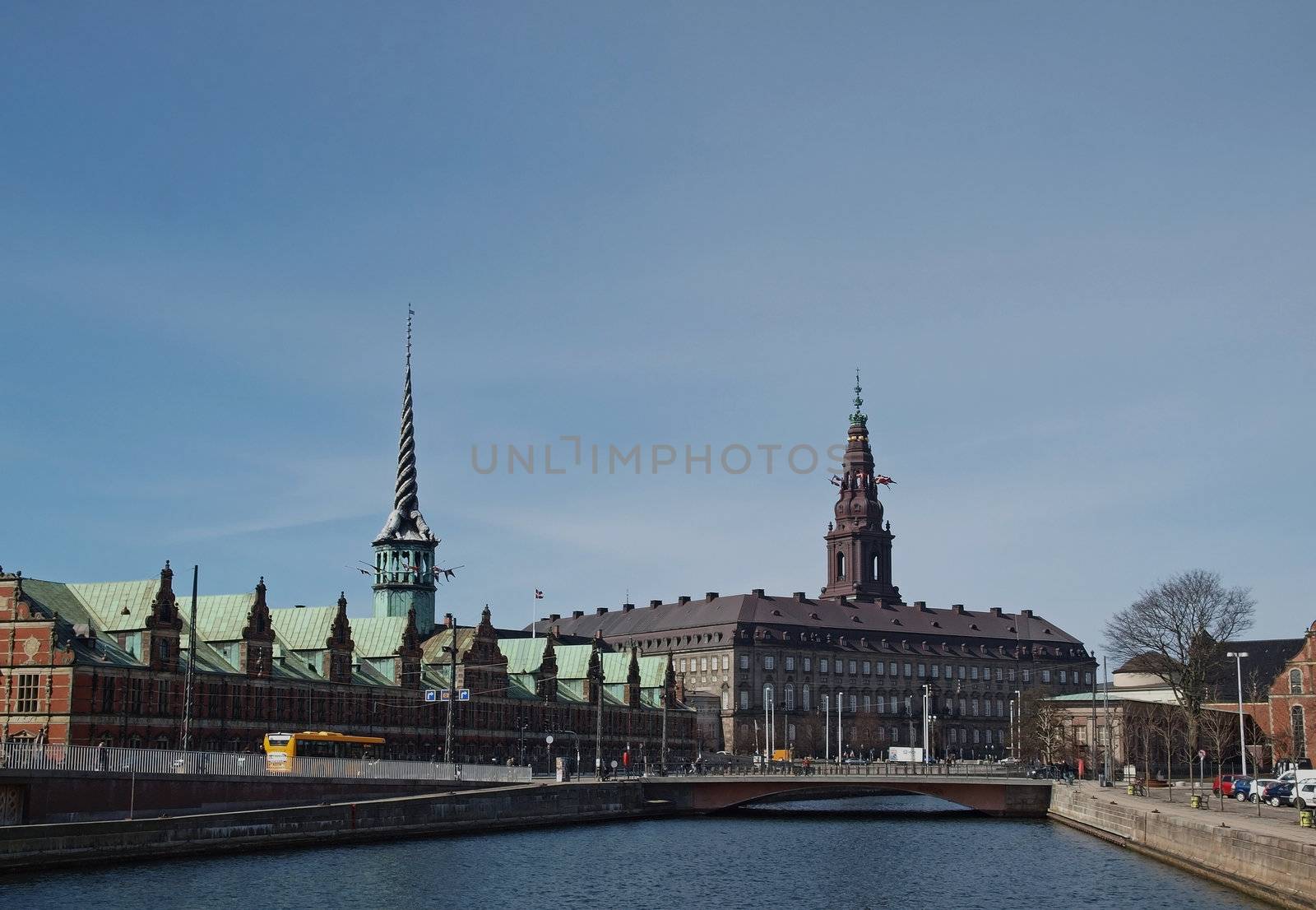danish parliament building (Christiansborg Palace) at the center and the old danish stock exchange building on left