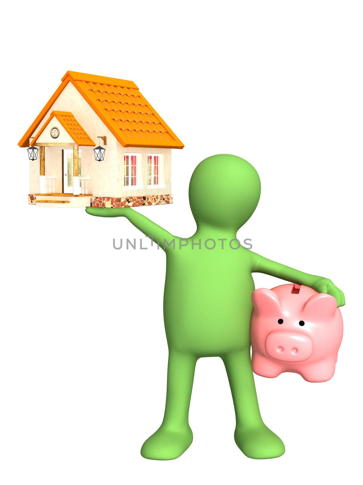 Puppet with piggy bank and house. Isolated over white