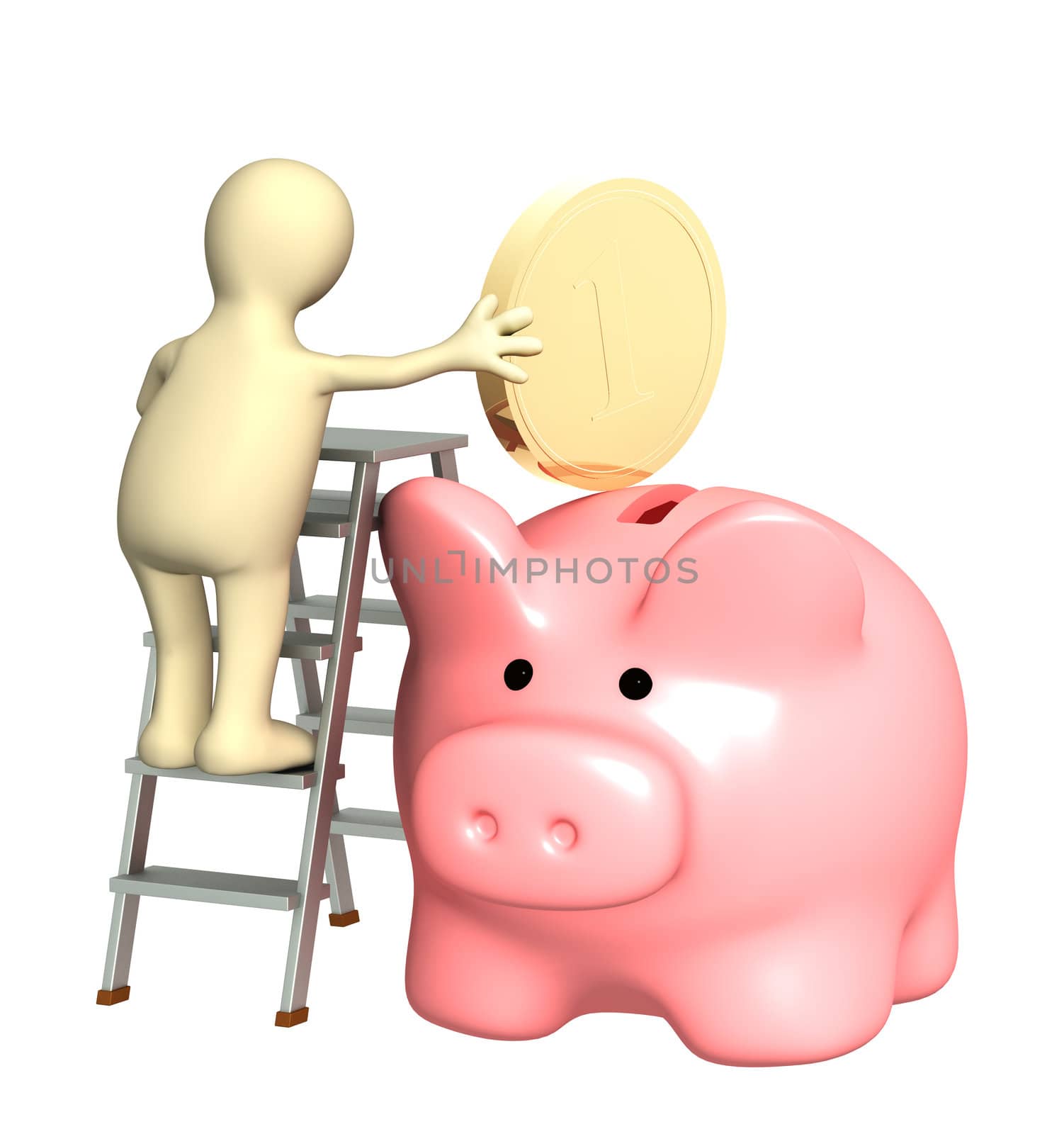 Puppet with piggy bank and coin. Isolated over white
