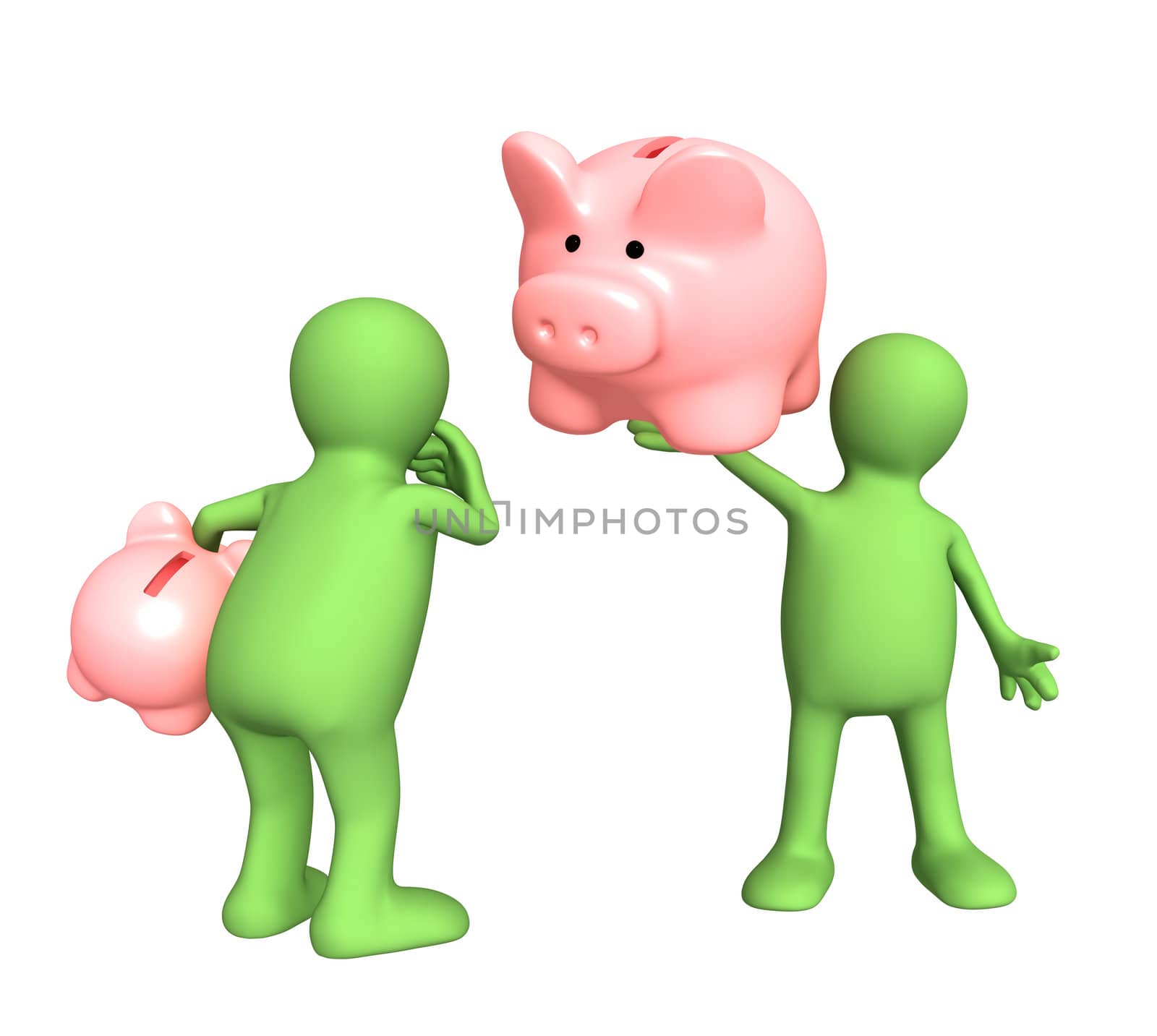 Two puppet with piggy bank. Isolated over white