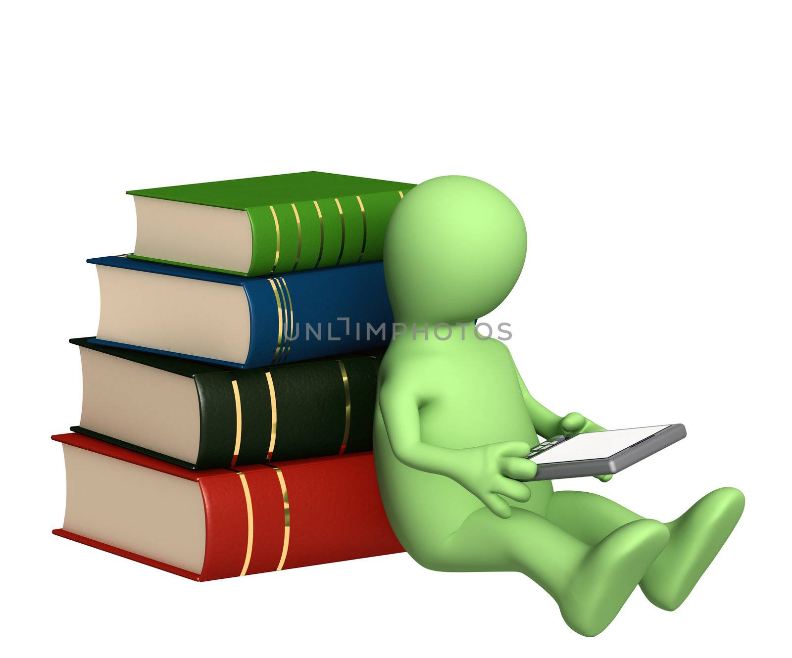Green puppet with e-book and books. Isolated over white