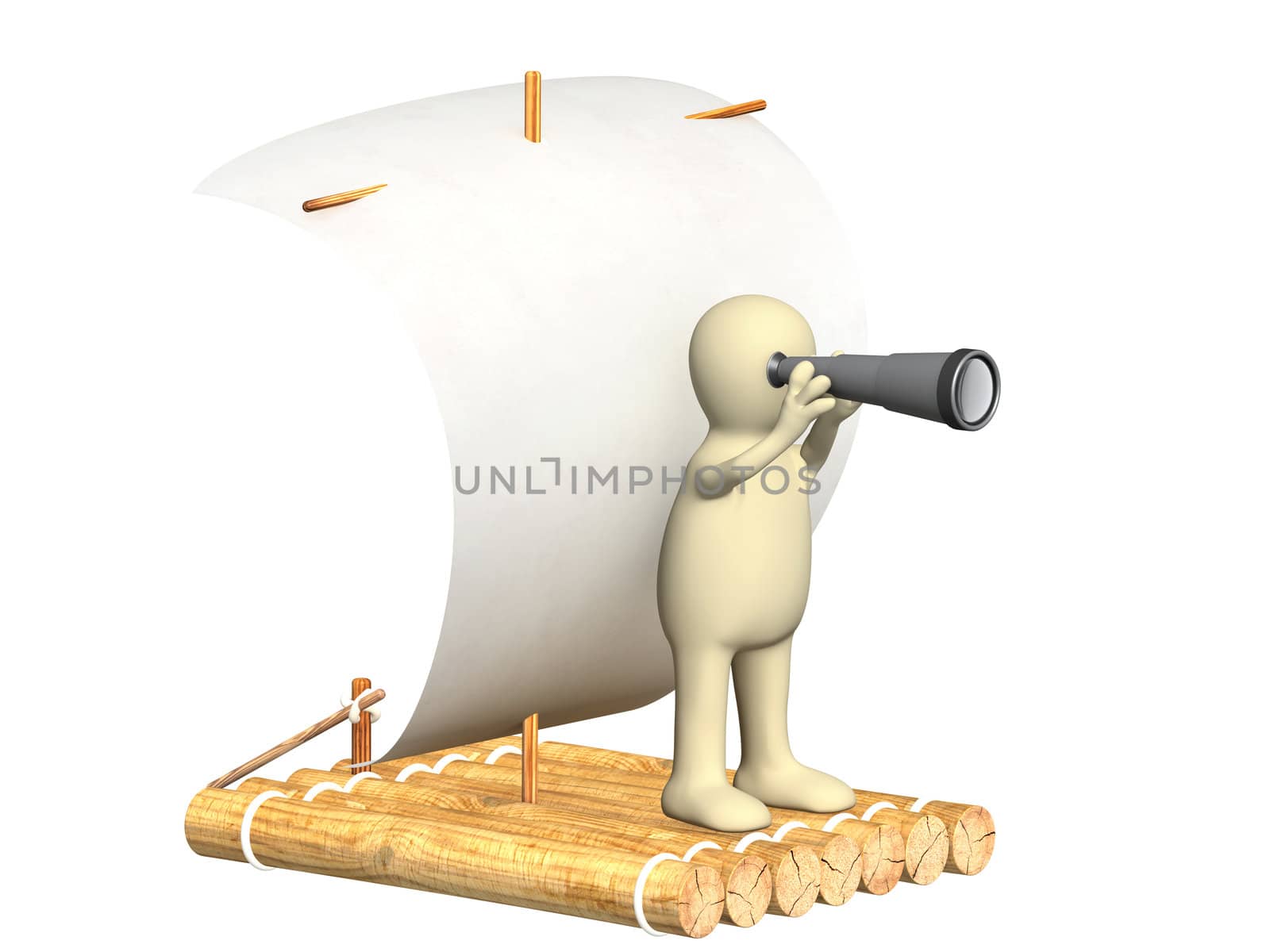 Puppet with spyglass on wooden raft. Isolated over white