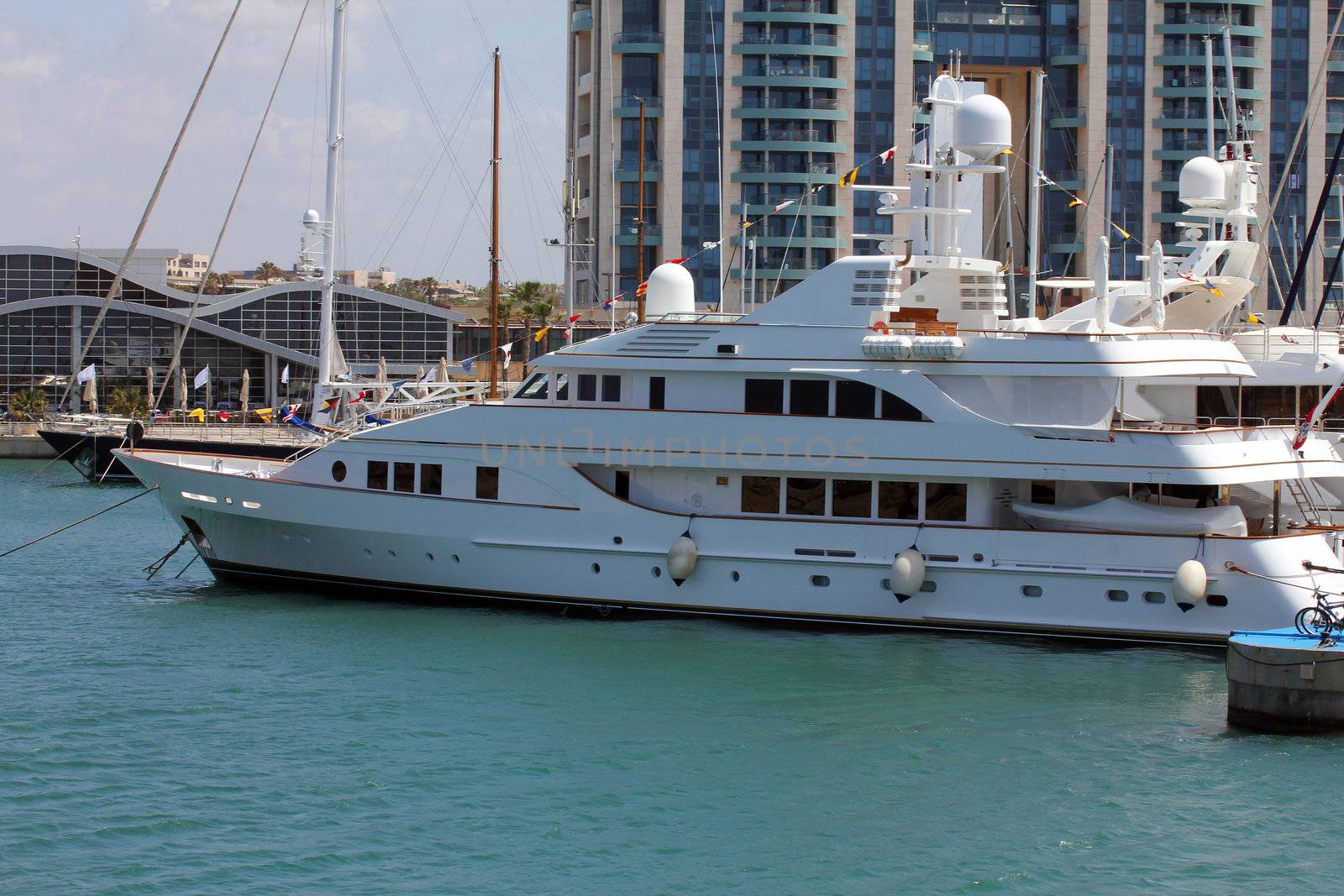 Luxury private yacht moored in the marina.