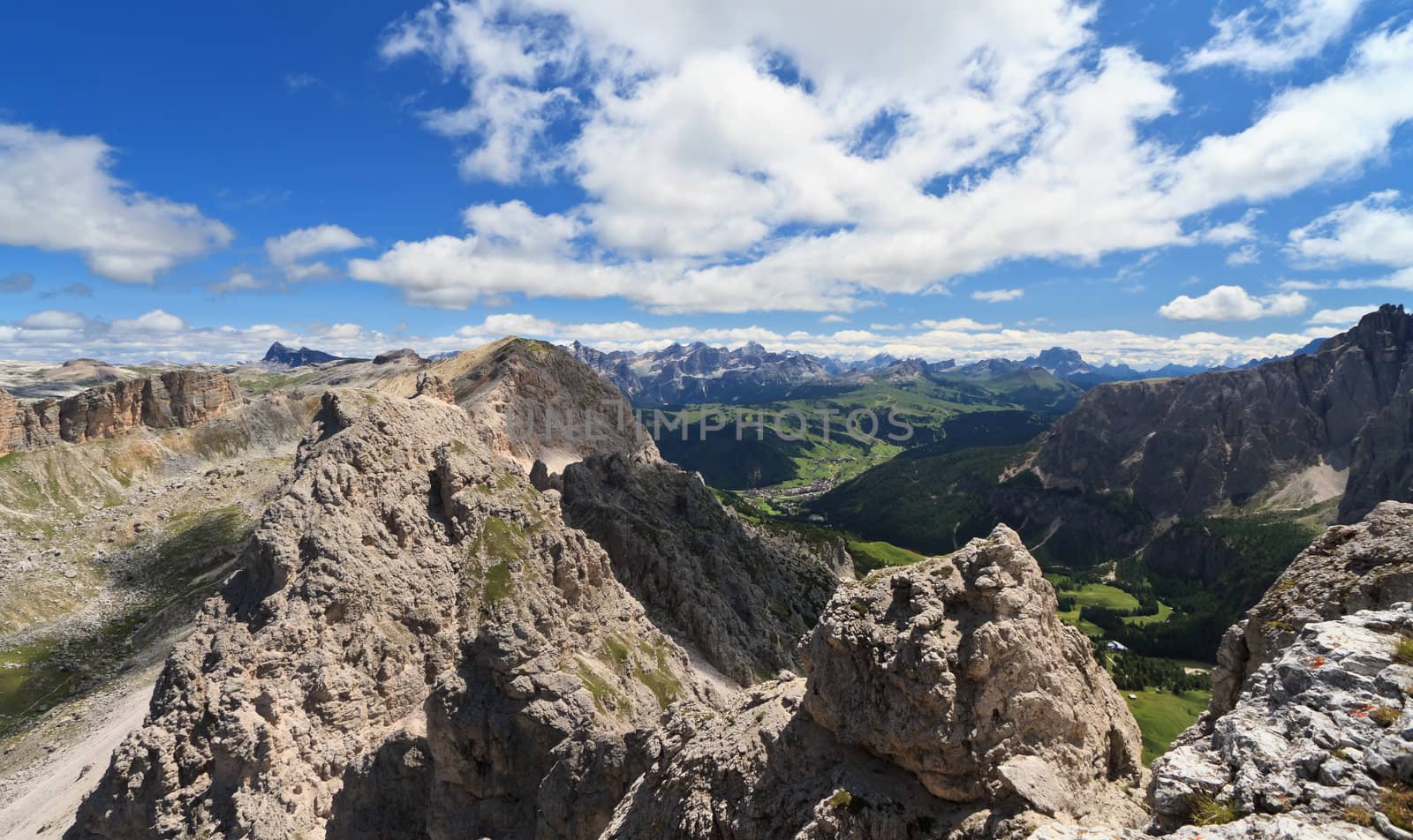 summer landscape of Badia Valley from Cir mountain, Italian Dolomites