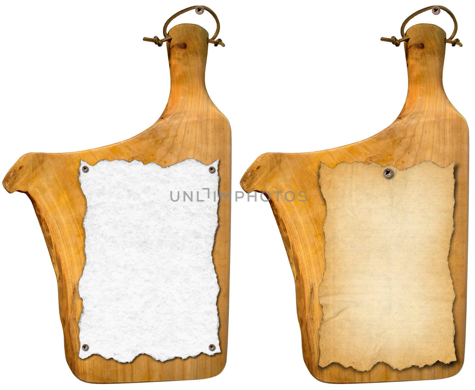 Two notebooks for recipes or menu on used wooden cutting boards