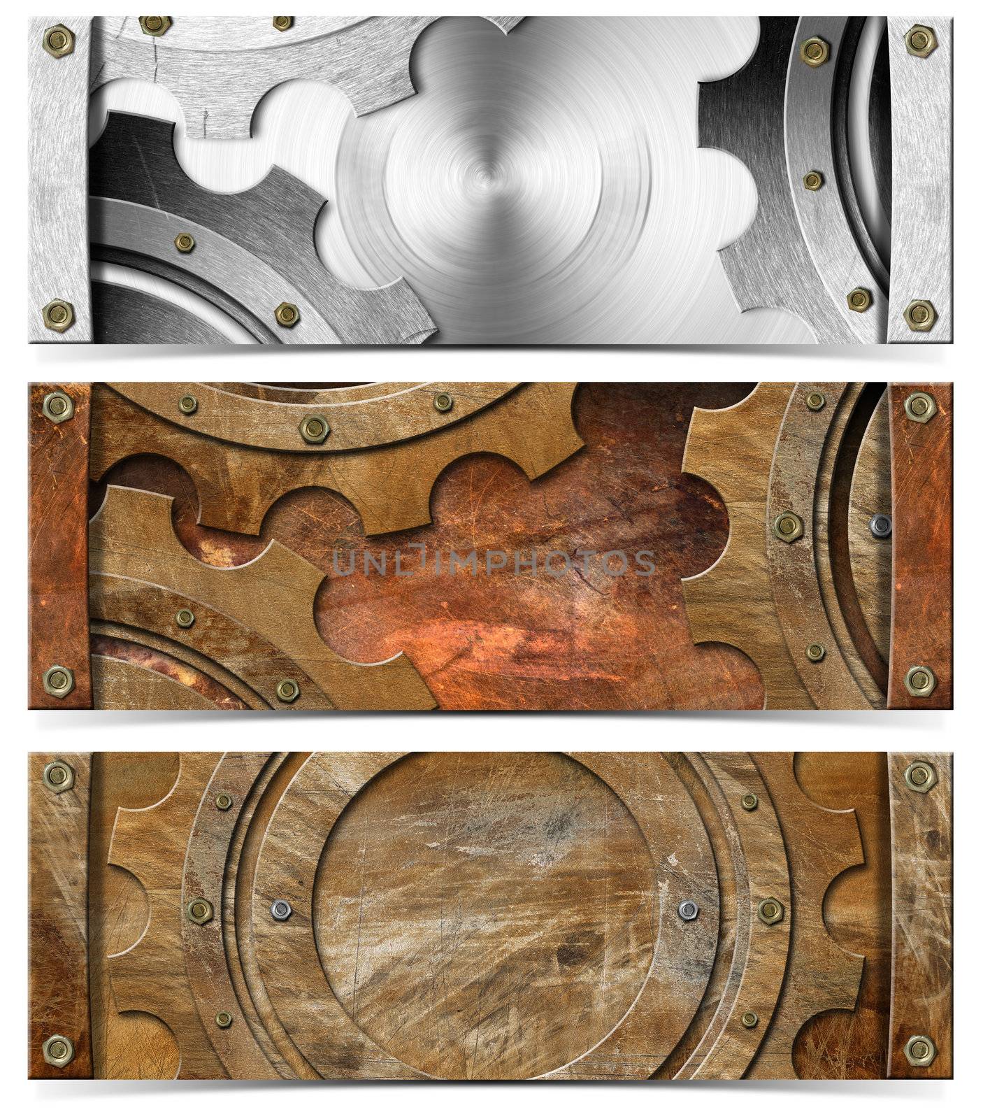 Three horizontal grunge metallic banners or headers with gears

