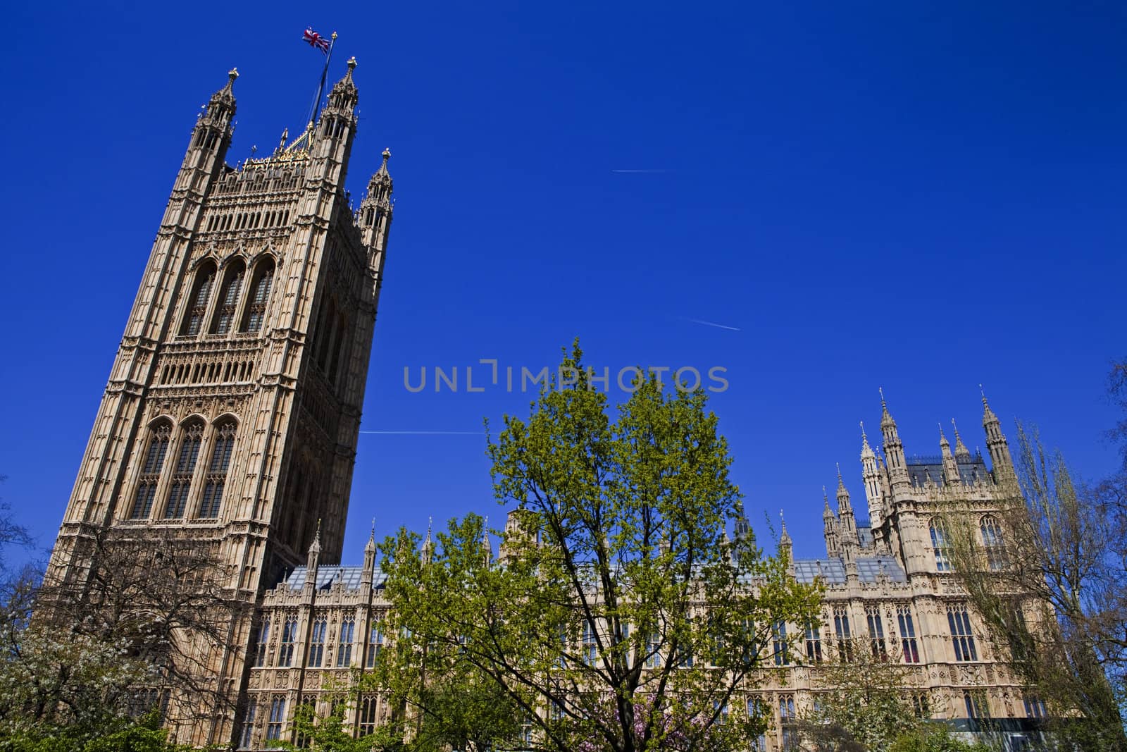 A view of the West side of the Houses of Parliament in London.