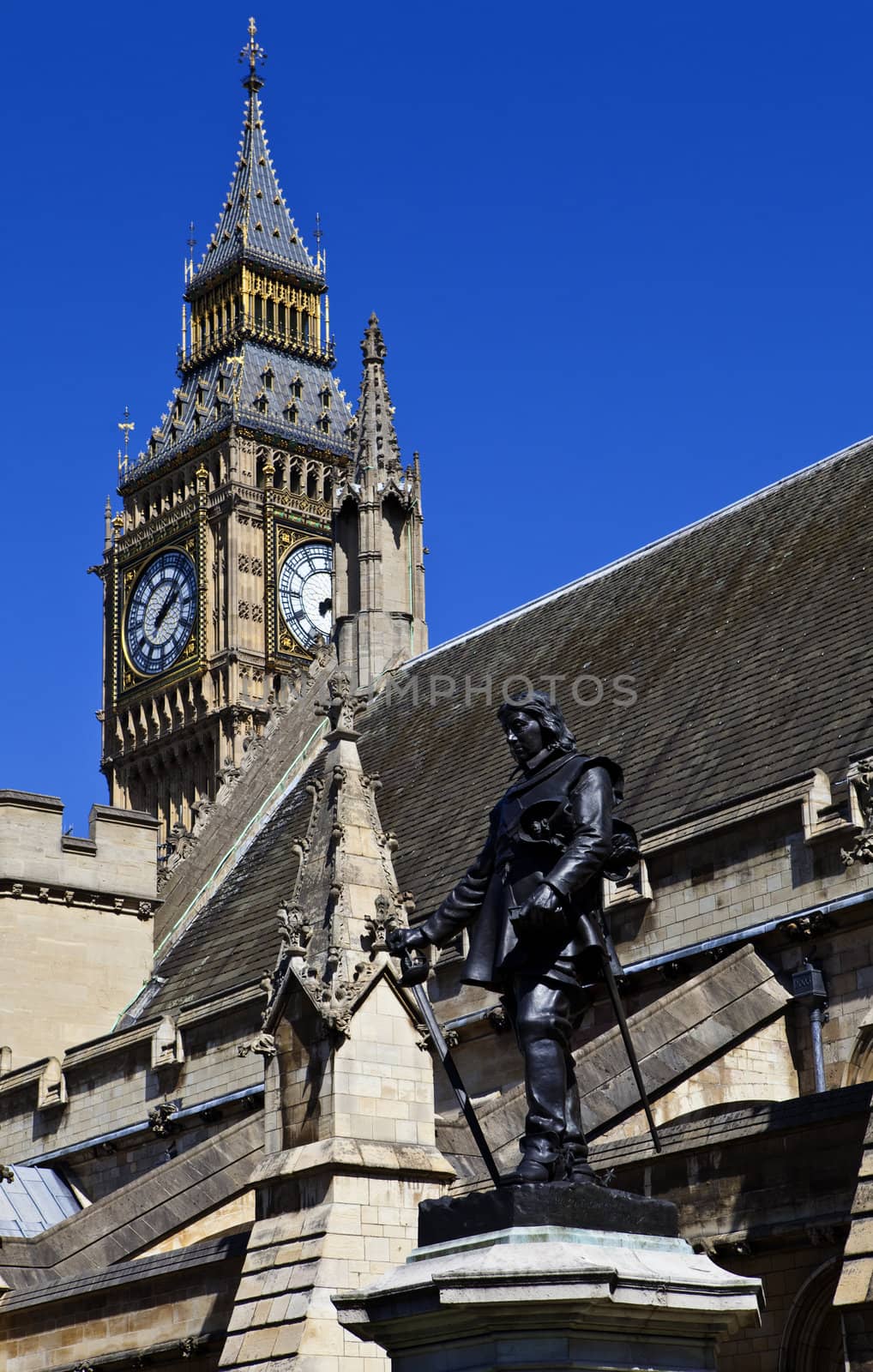Statue of Oliver Cromwell situated outside the Houses of Parliament in London.