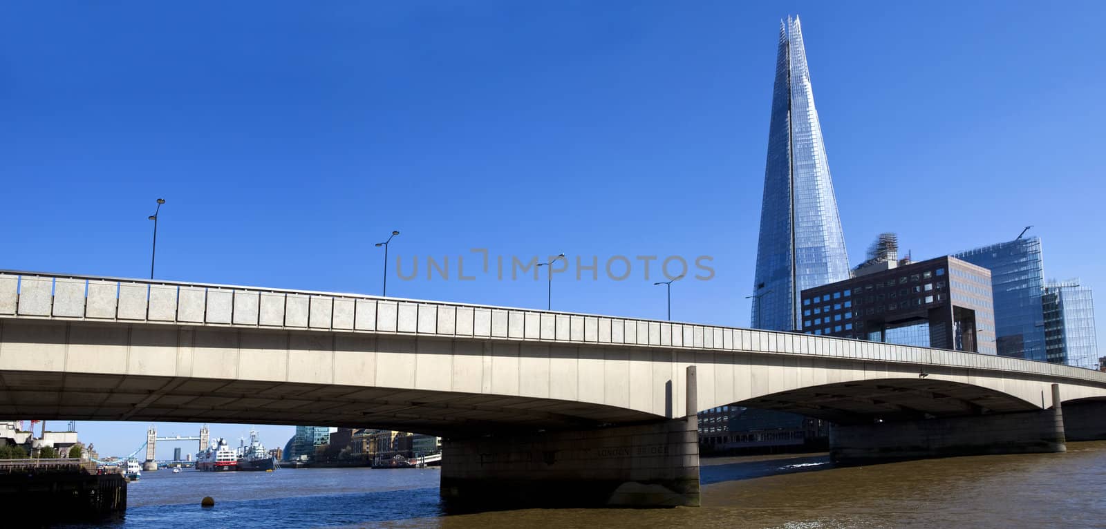 A panoramic view of London Bridge, The Shard and Tower Bridge.