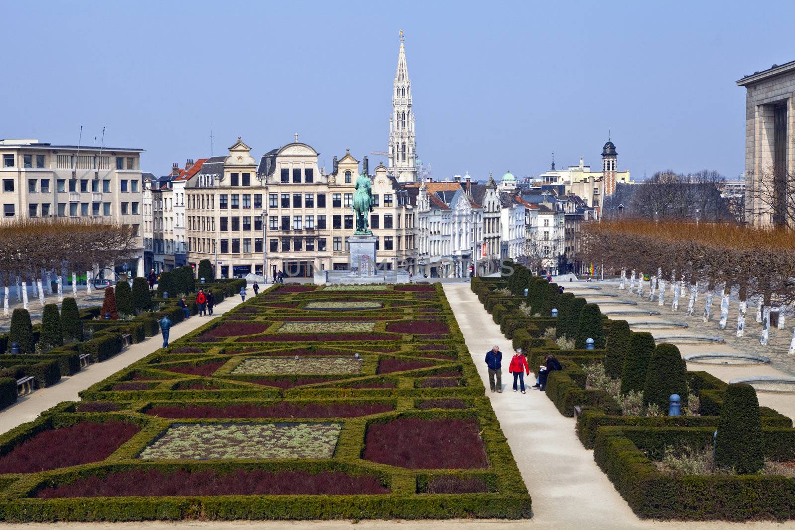 The magnificent view from the Mont des Arts in Brussels.  The view takes in sights including Brussels City Hall and the Basilica of the Sacred Heart.