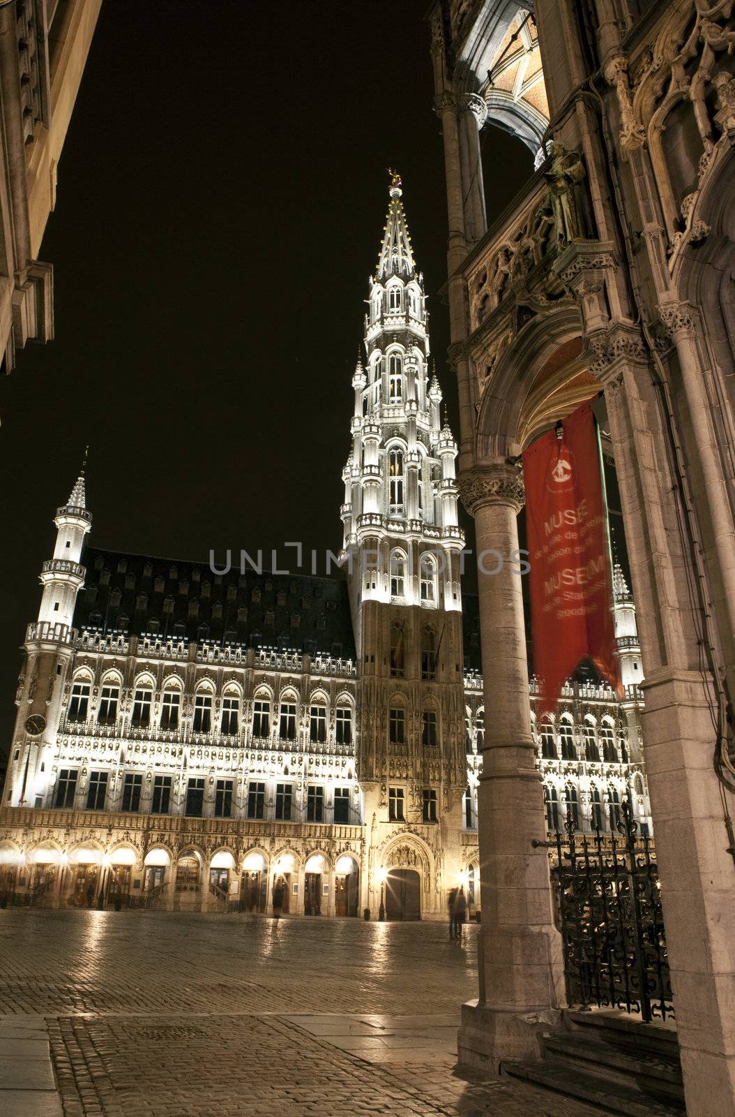 View of Grand Place and City Hall from behind the Museum of the City of Brussels.