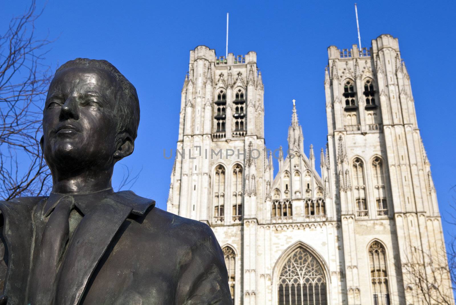 King Baudouin Statue & St. Michael and St. Gudula Cathedral in B by chrisdorney