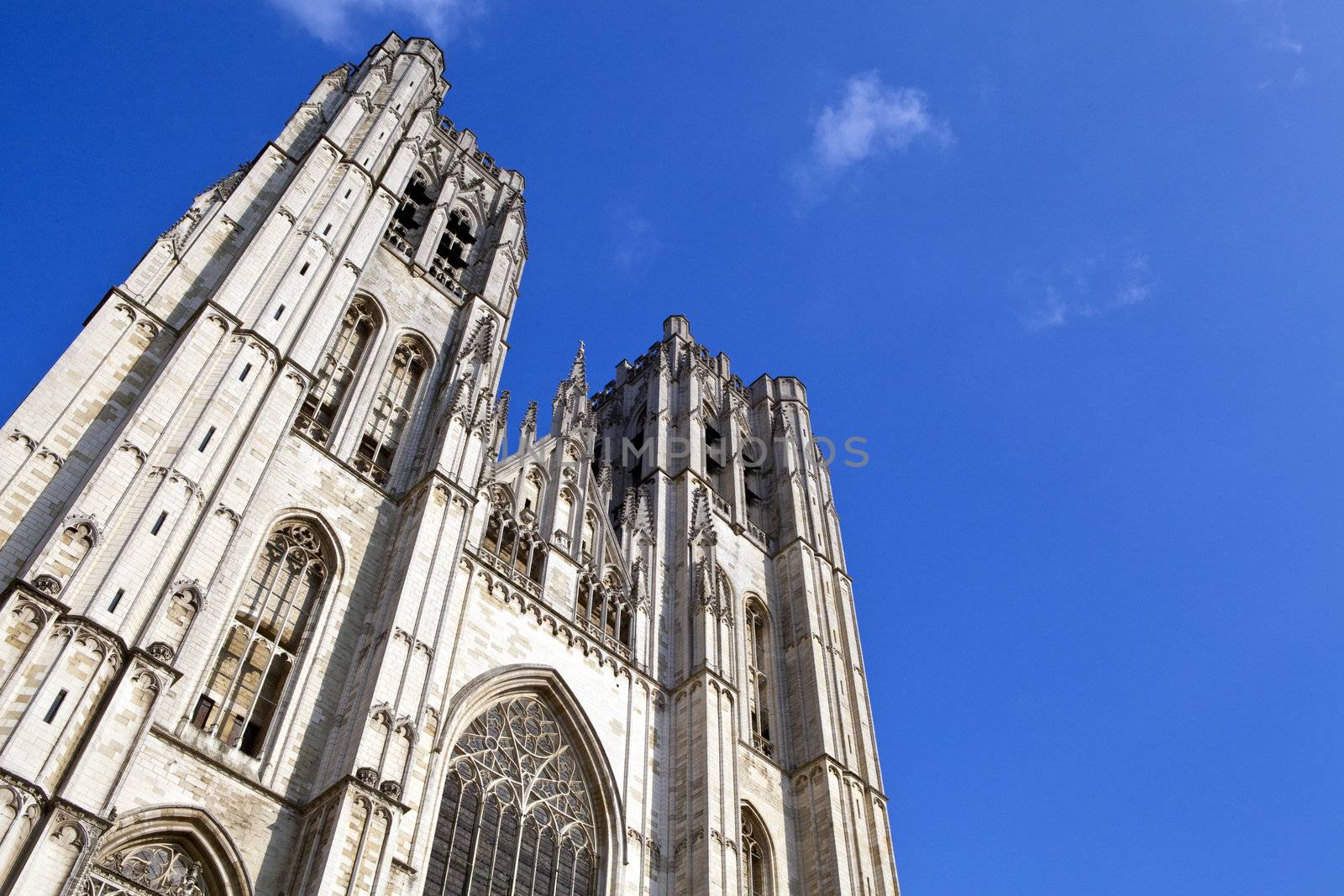 Looking up at the impressive St. Michael and St. Gudula Cathedral in Brussels, Belgium.