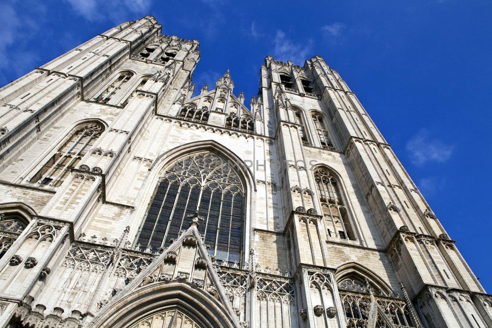 Looking up at the impressive St. Michael and St. Gudula Cathedral in Brussels, Belgium.