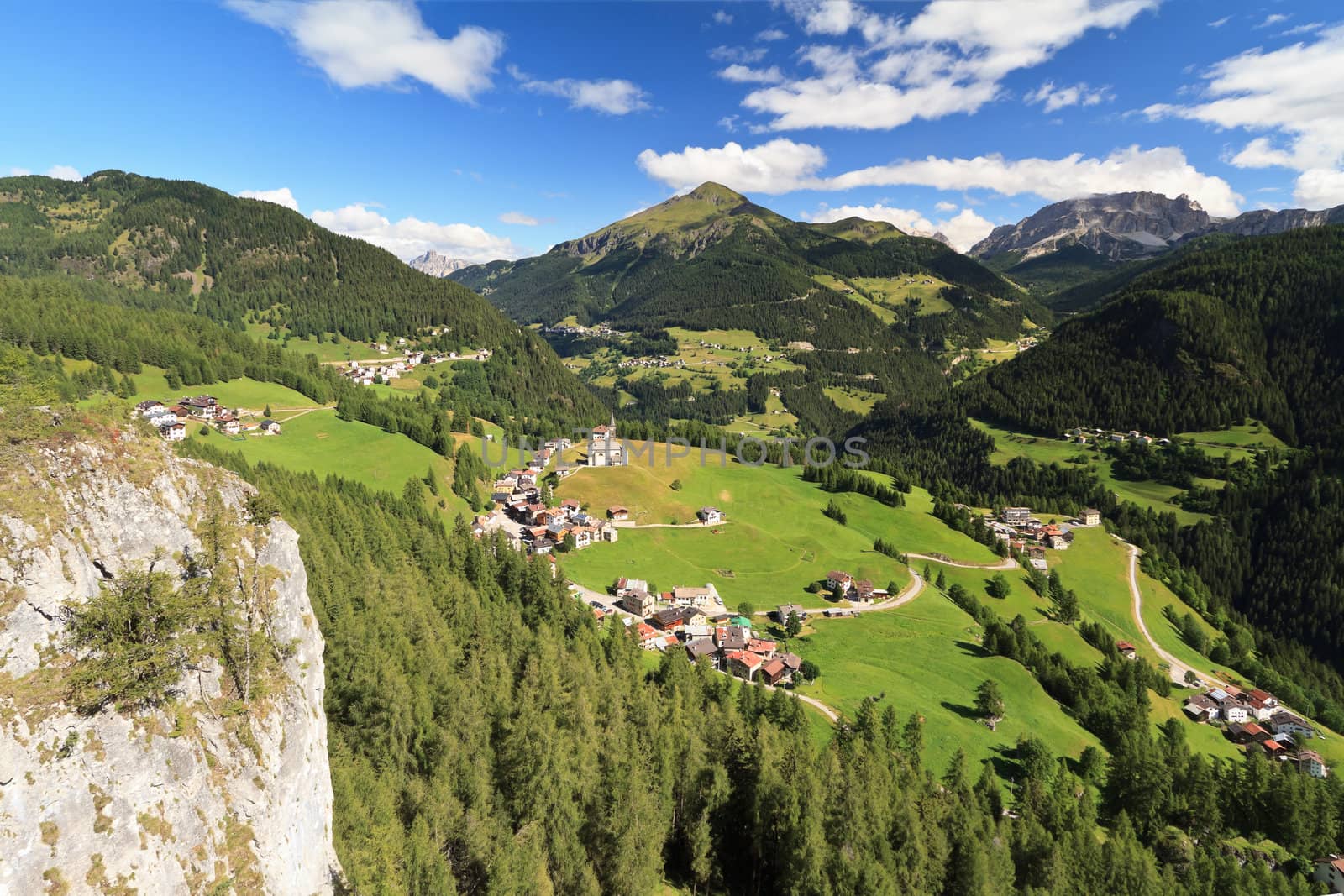 aerial view of Laste village and Cordevole valley from Sass de Rocia, Italian Dolomites