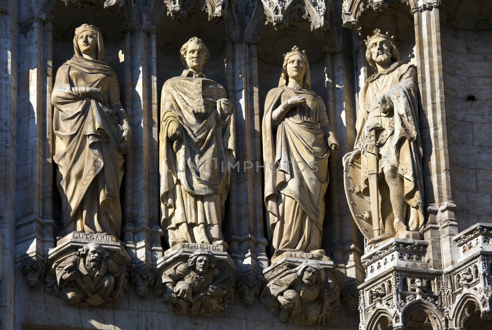 Some of the sculptures on the iconic Brussels City Hall building in Grand Place.