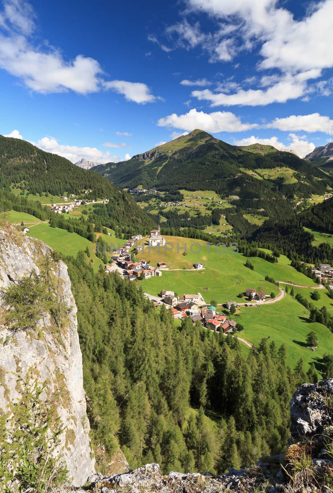 aerial view of Laste village and Cordevole valley from Sass de Rocia, Italian Dolomites