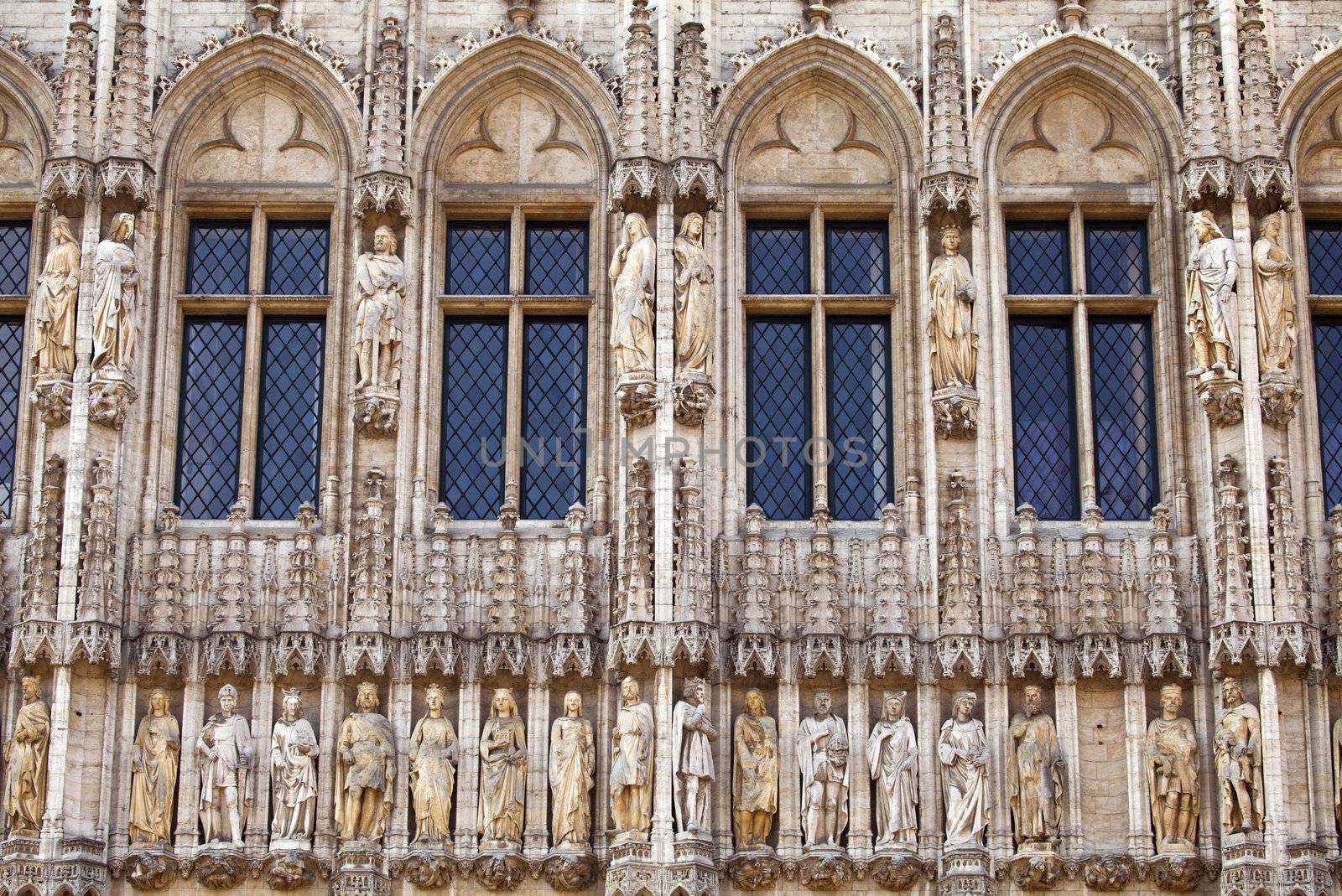 The architectural detail of Brussels Town Hall/City Hall located in Grand Place.