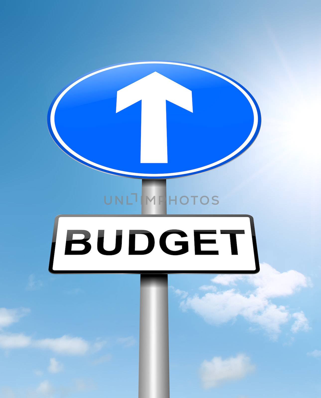 Illustration depicting a roadsign with a budget concept. Sky background.