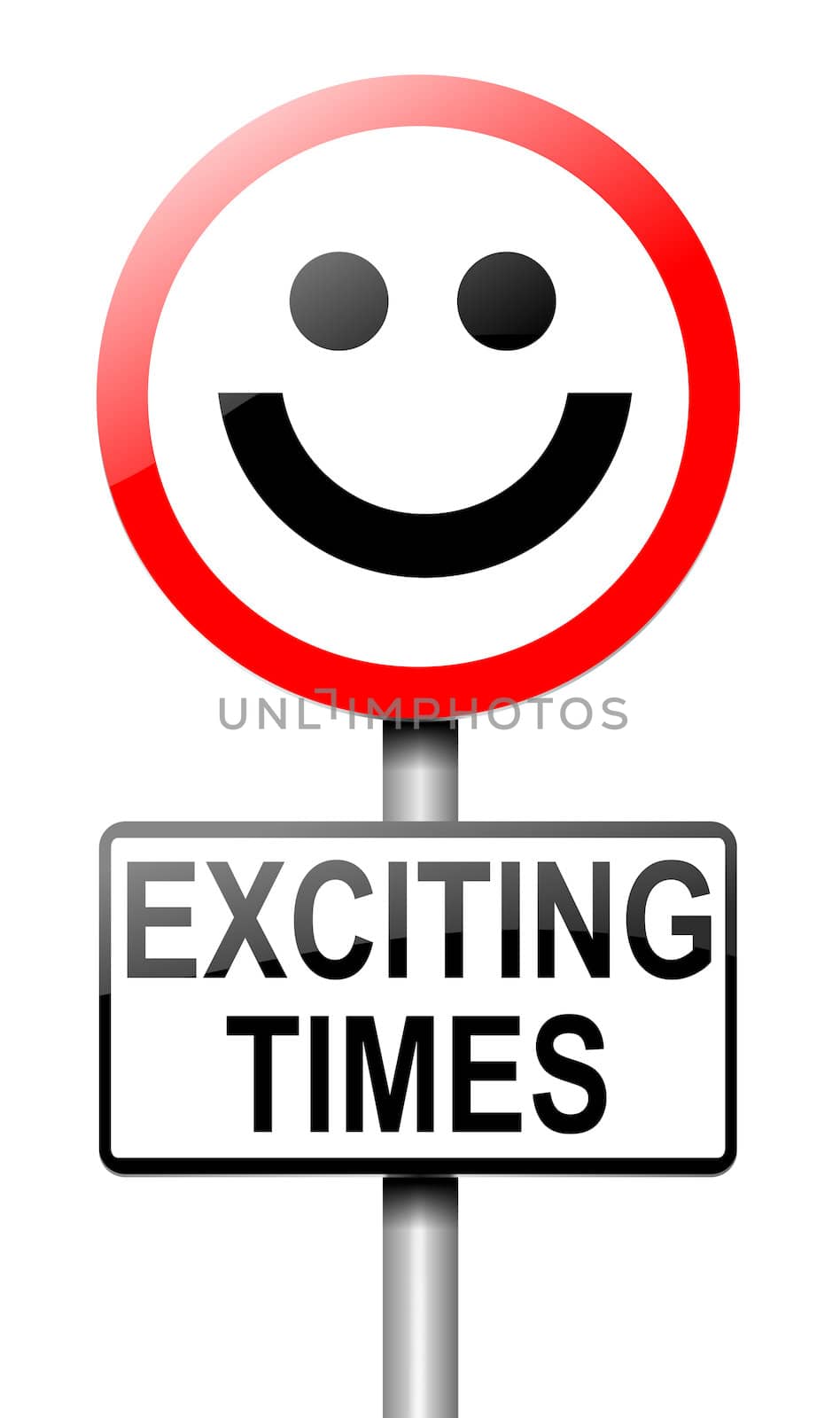 Illustration depicting a roadsign with an exciting times concept. White background.