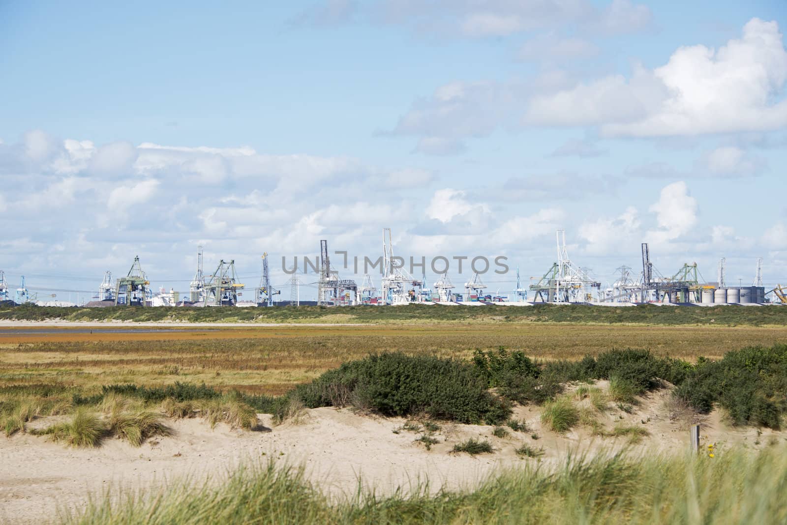 Skyline of industry in Netherlands harbor 