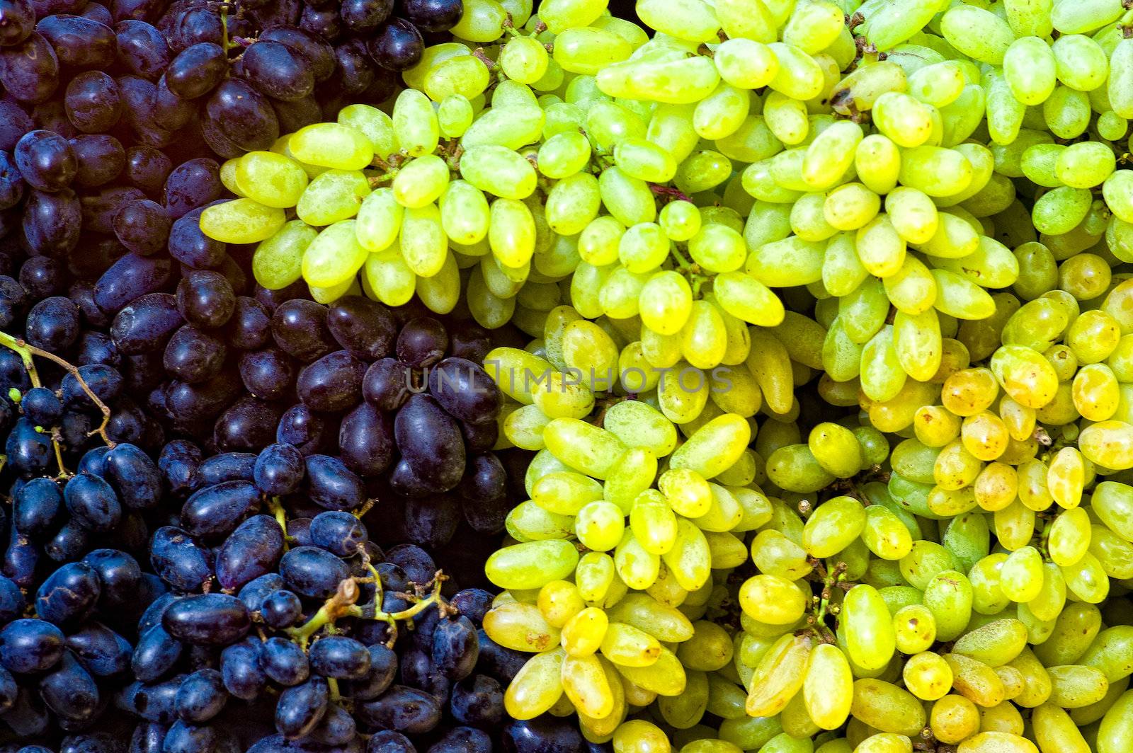 Purple and green grape bunches sitting beside each other in Mysore, India.