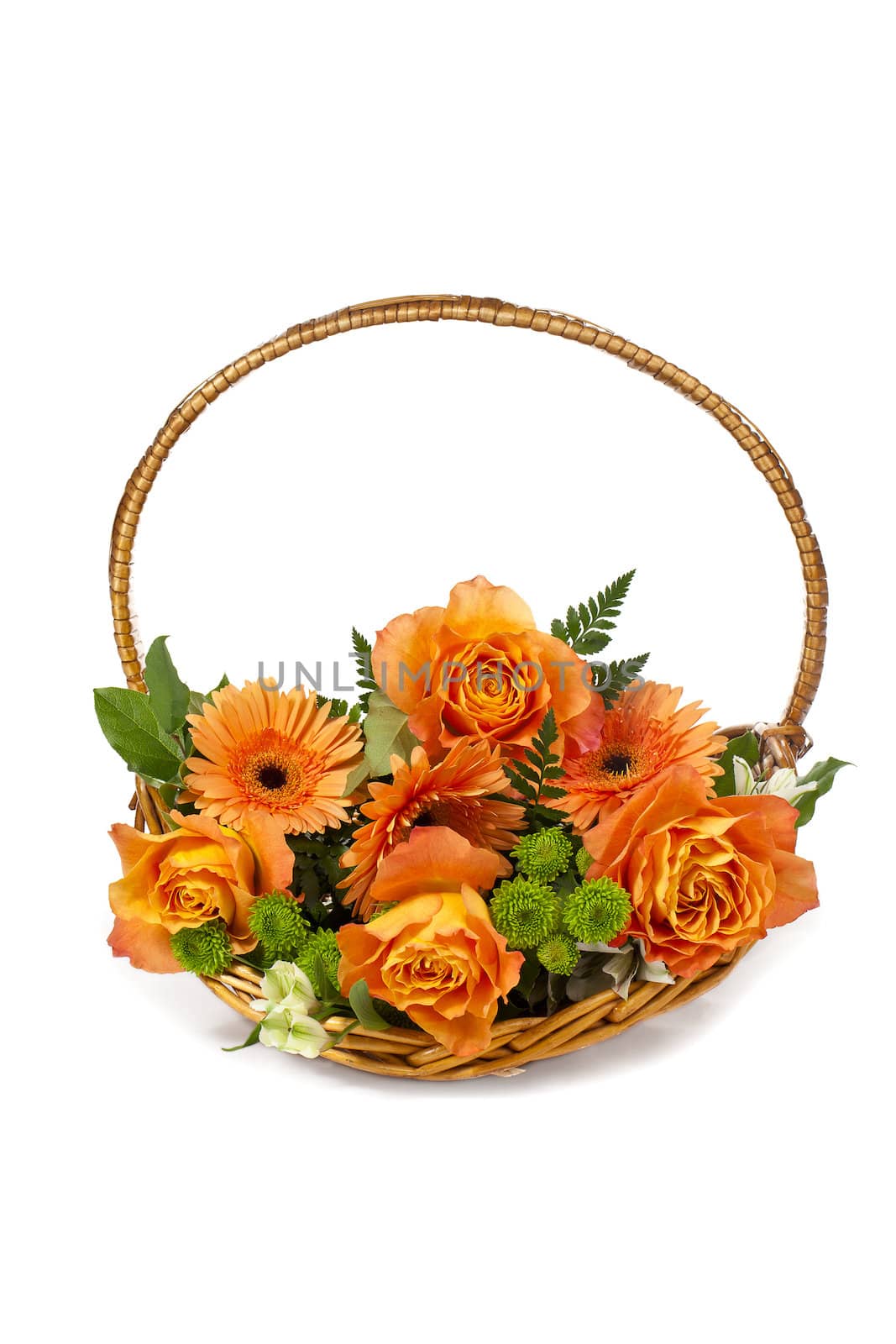 Close-up image of orange daisies and roses in wicker basket.