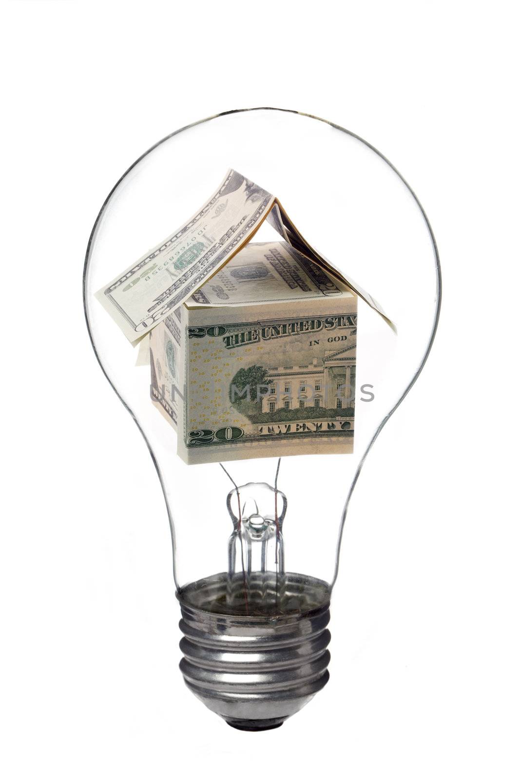 Light bulb with house made of dollar inside