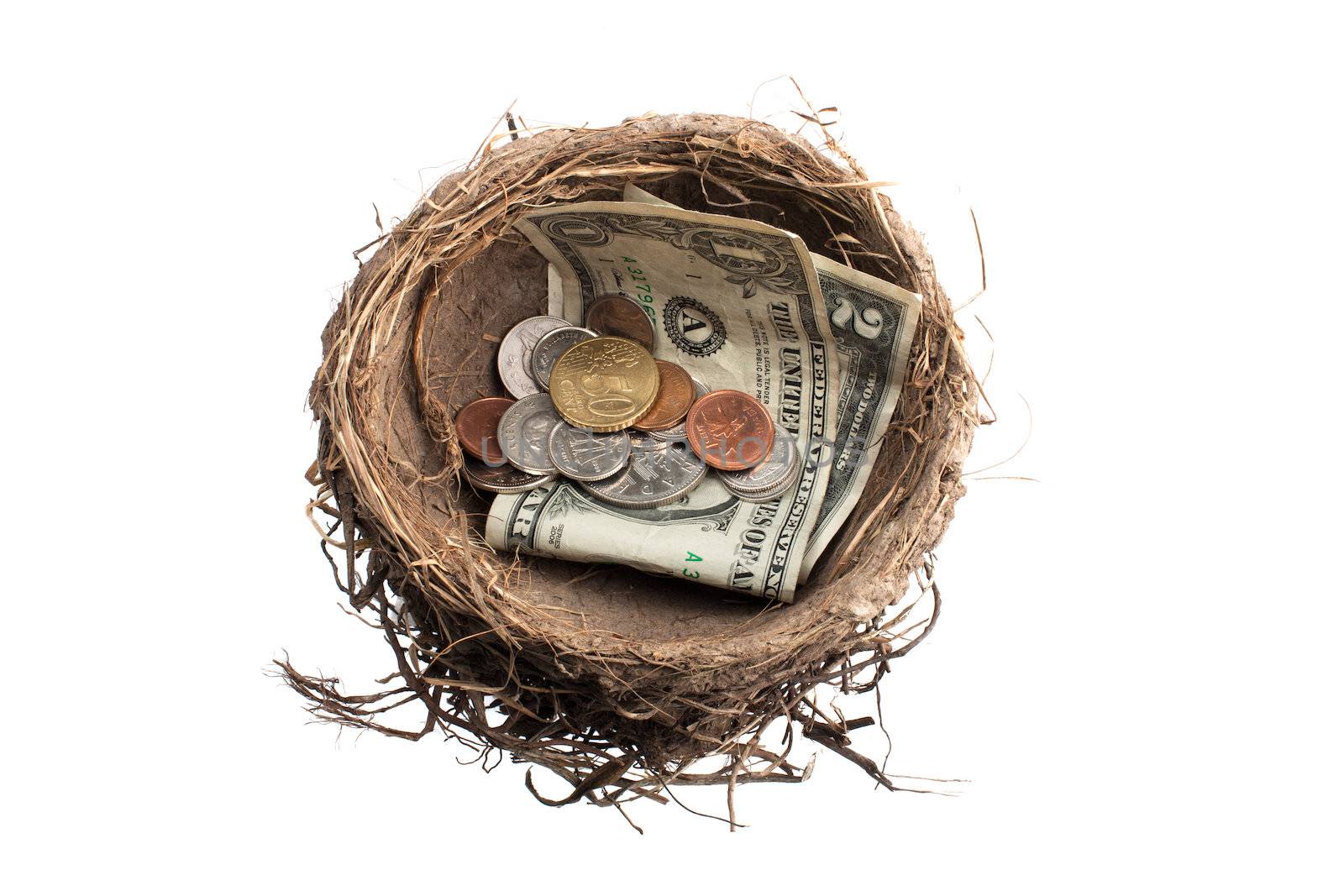 image of nest with coins and paper currency by kozzi