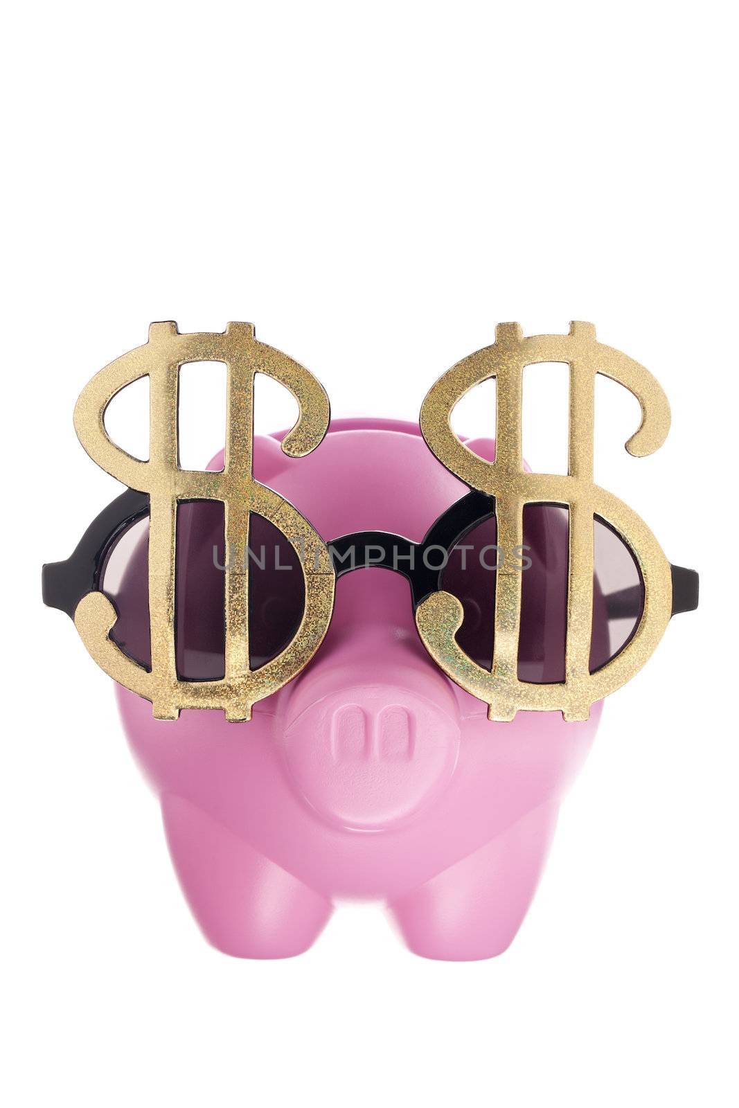 Dollar glasses and piggy bank in a white background