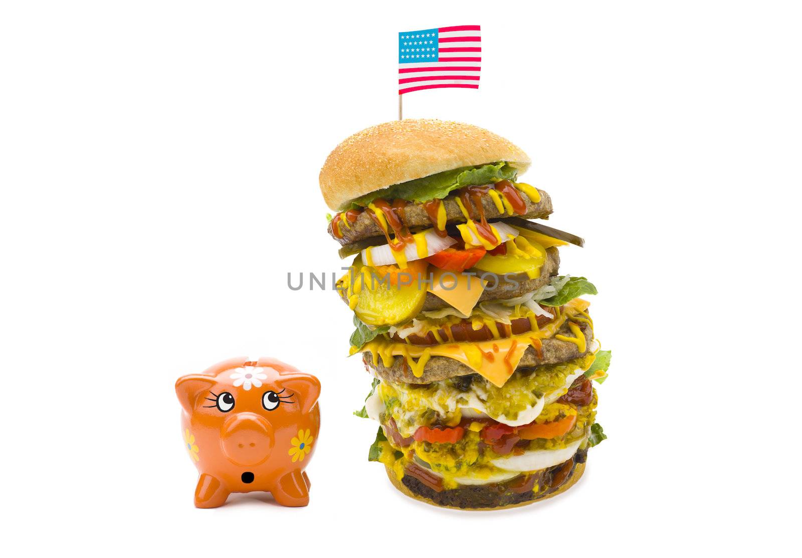 enormous burger falling over on piggy bank by kozzi