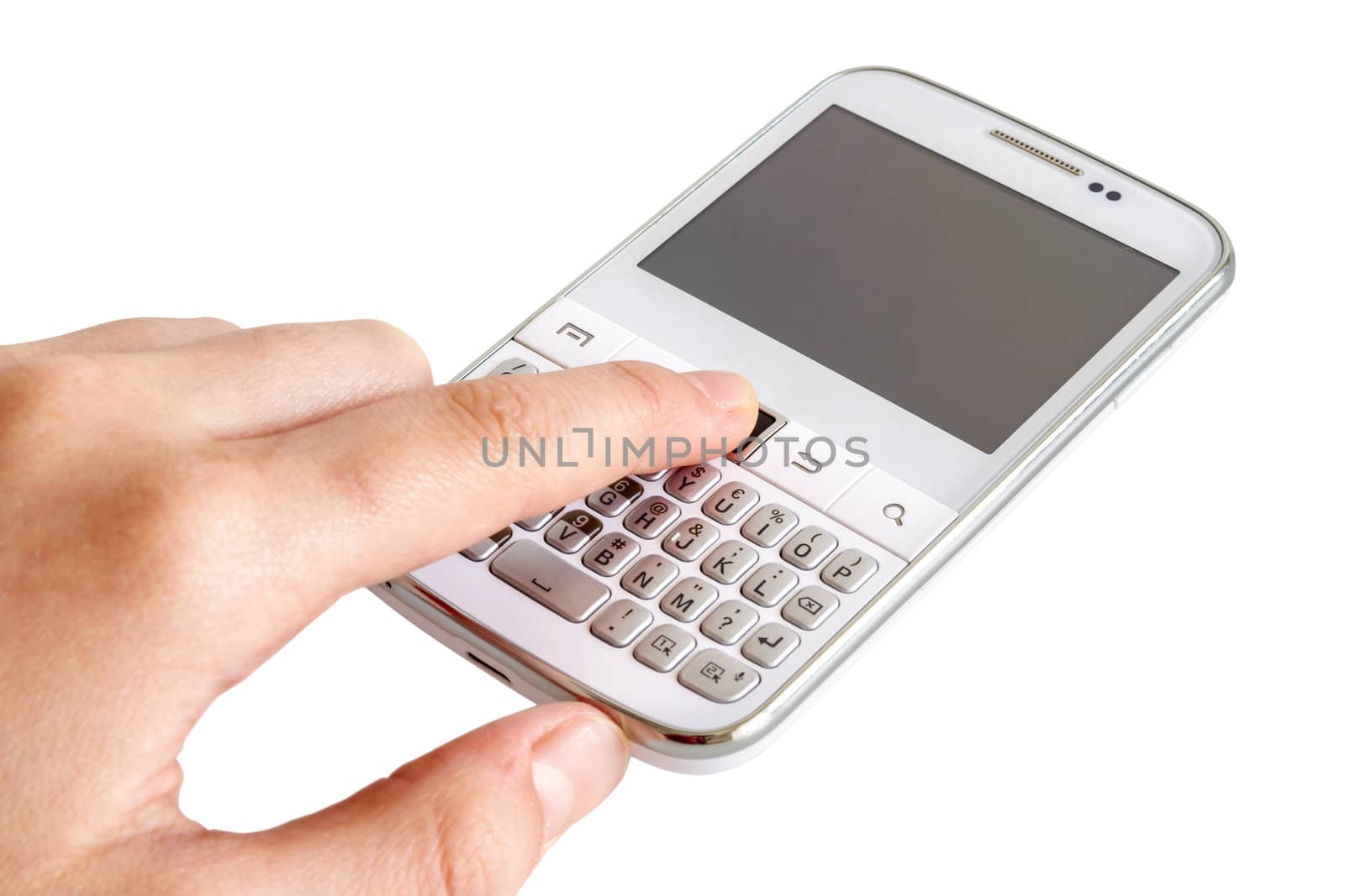Hand touching white smart phone on white background