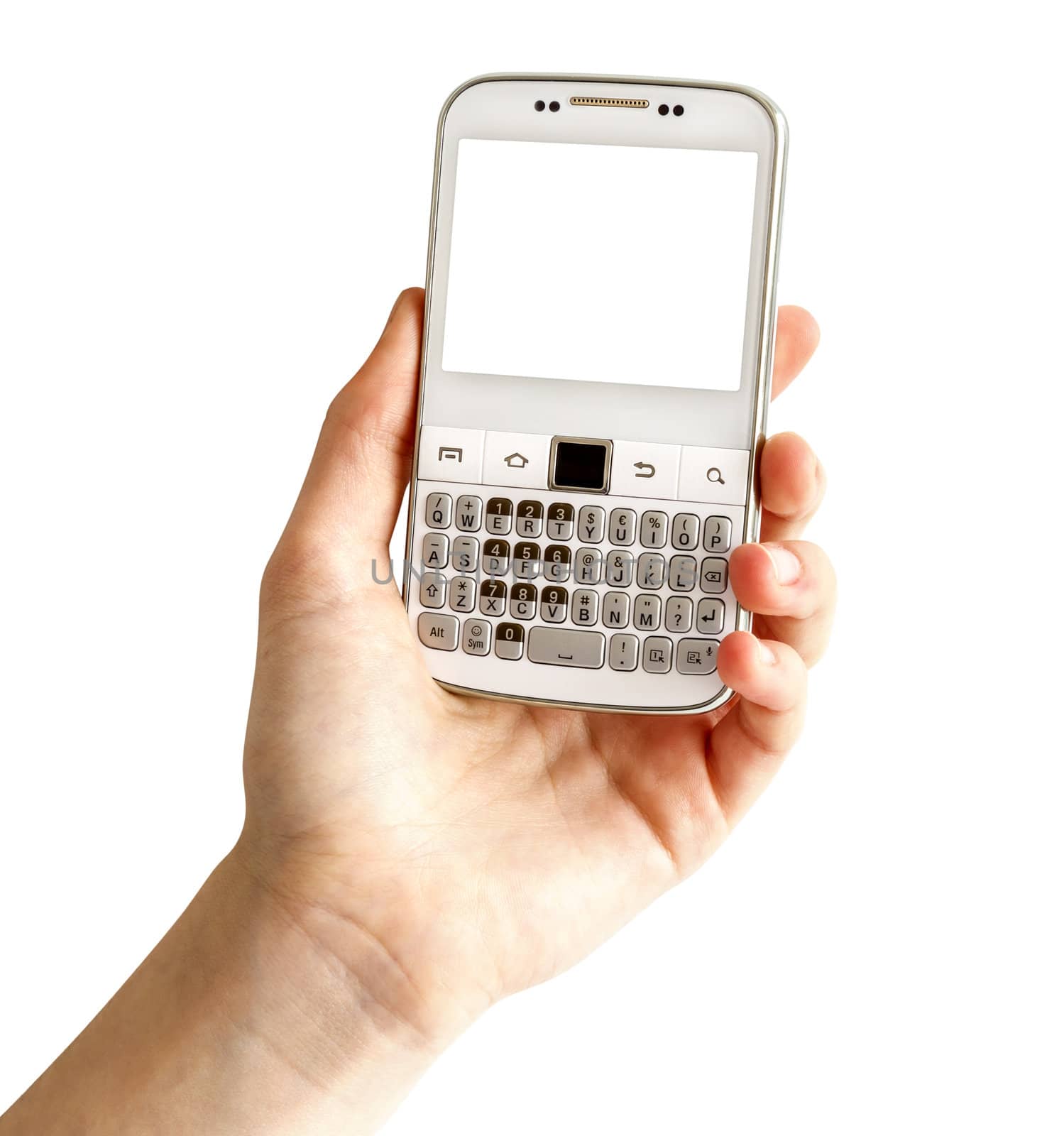 Hand holding white smart phone on white background