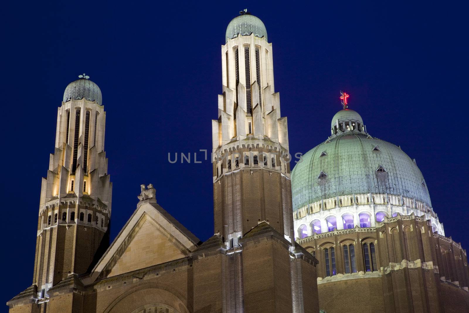 The Basilica of the Sacred Heart at dusk, in Brussels.