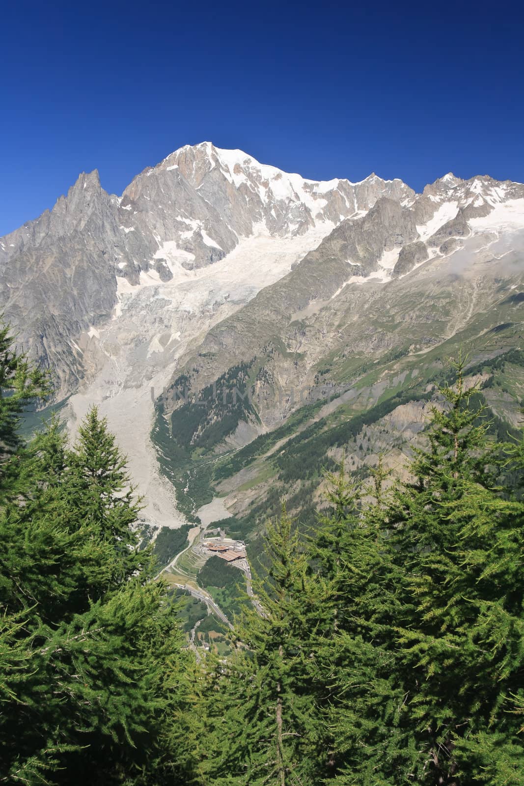 summer view Mont Blanc from Ferret valley, Courmayeur, Italy