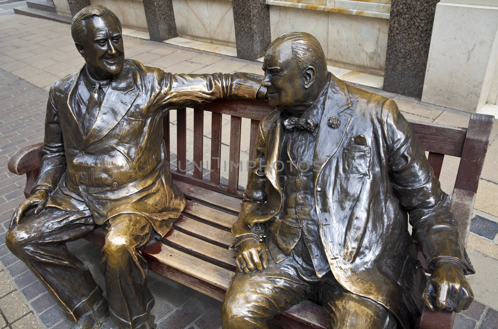 Statues of allies Franklin D. Roosevelt and Winston Churchill 'talking' to each other in London's Mayfair.