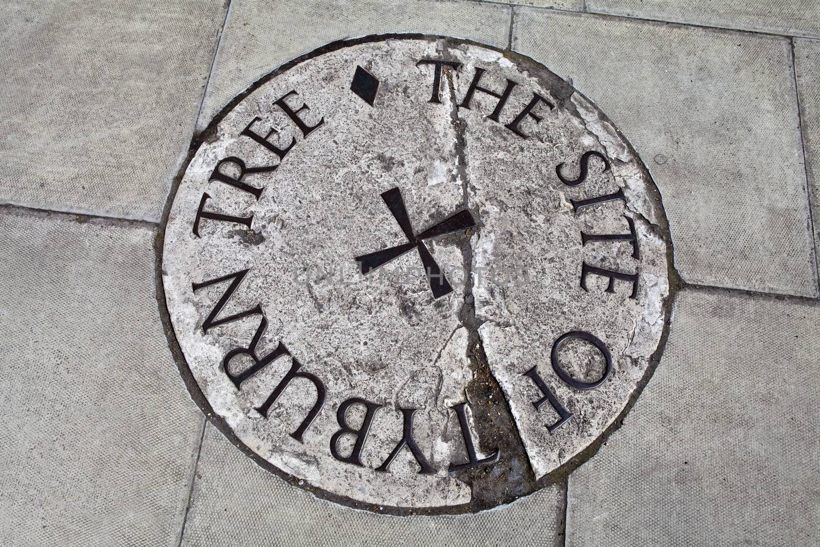 Plaque in London (located near Marble Arch) remembering the site of the Tyburn Tree.  This was the site of Tyburn gallows where prisoners were hung from the late 16th century.