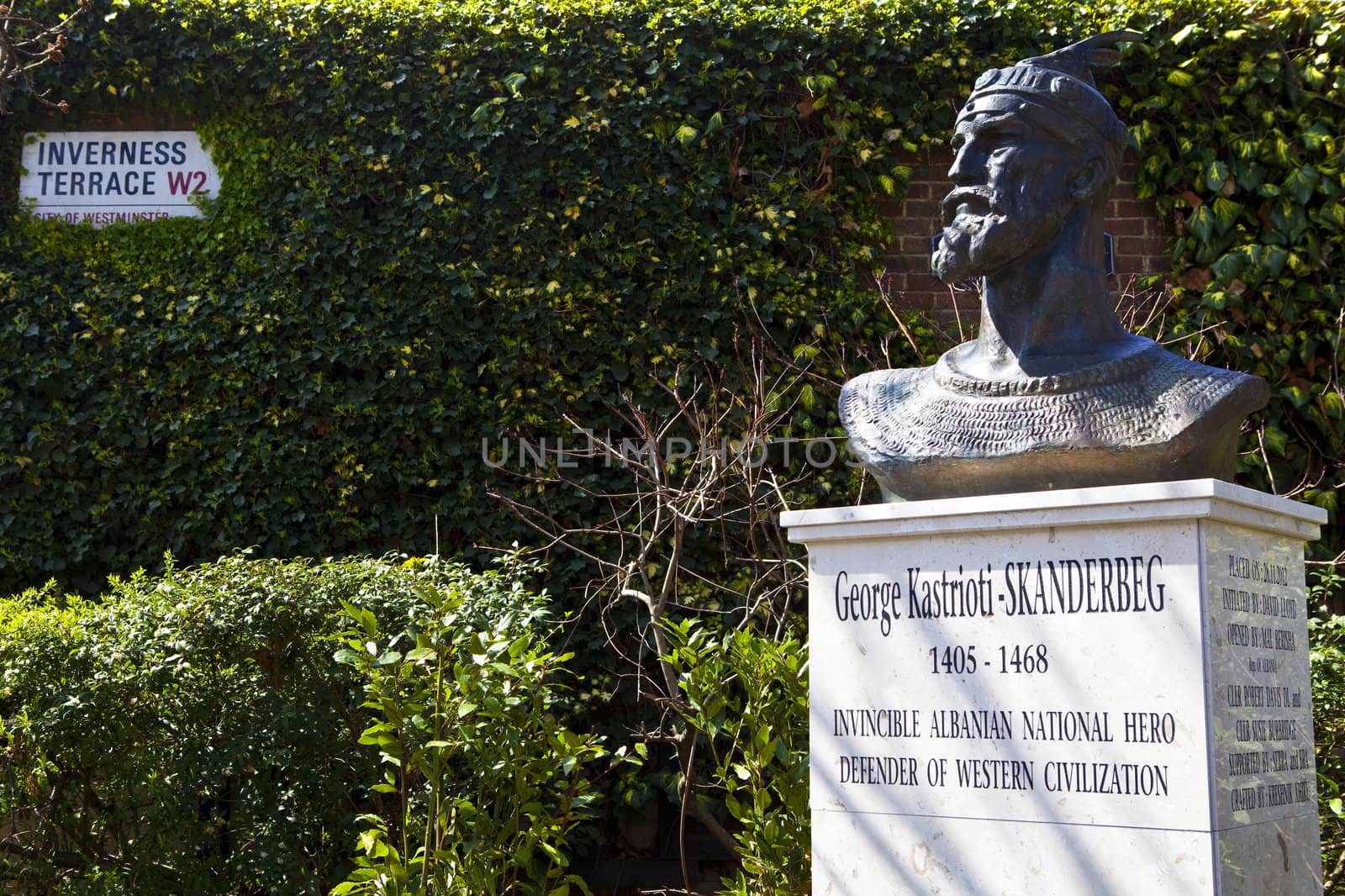 A memorial bust of Albanian National Hero George Kastrioti-Skanderberg on Inverness Terrace in London.