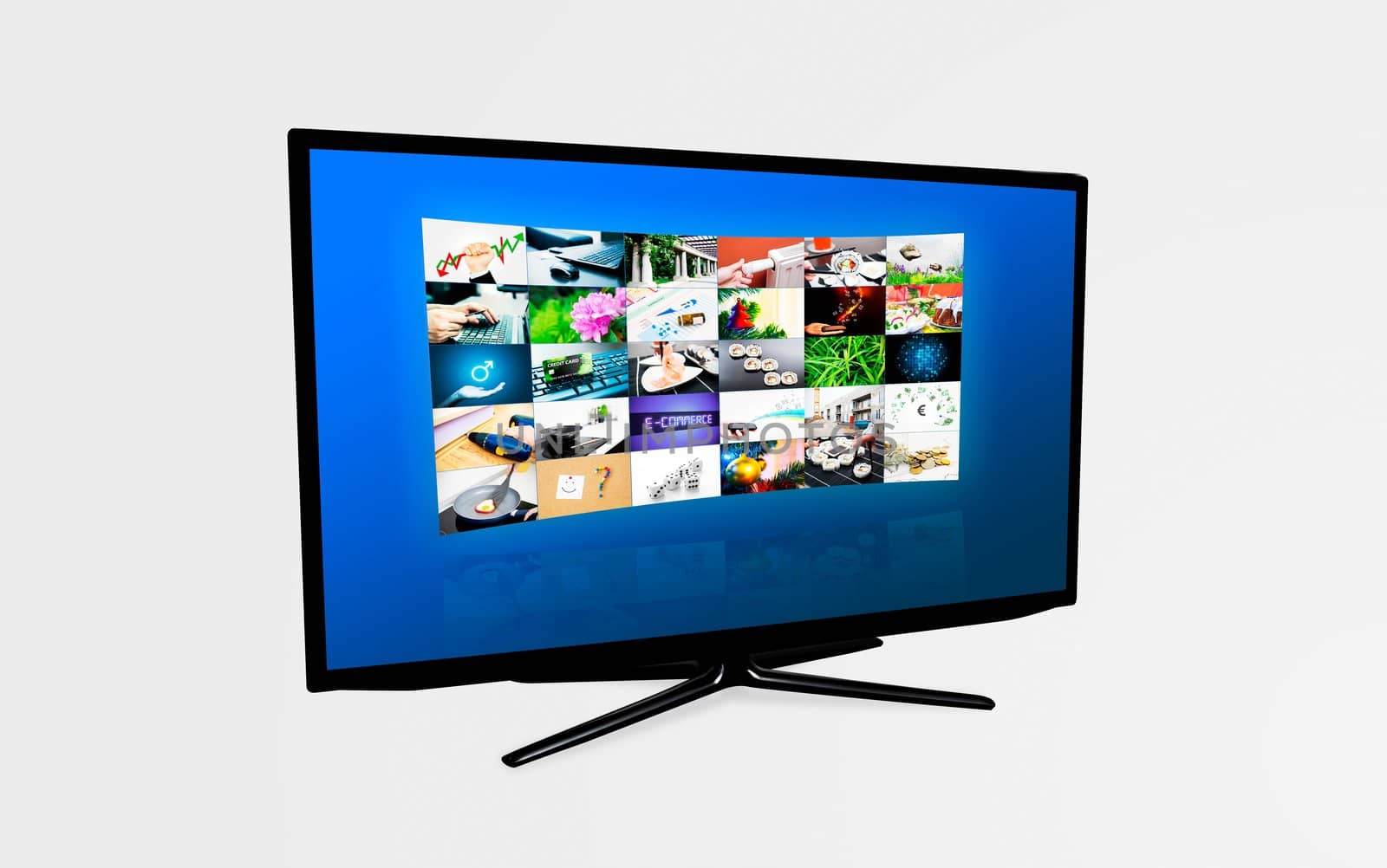 Widescreen high definition TV screen with video gallery. Television and internet concept.