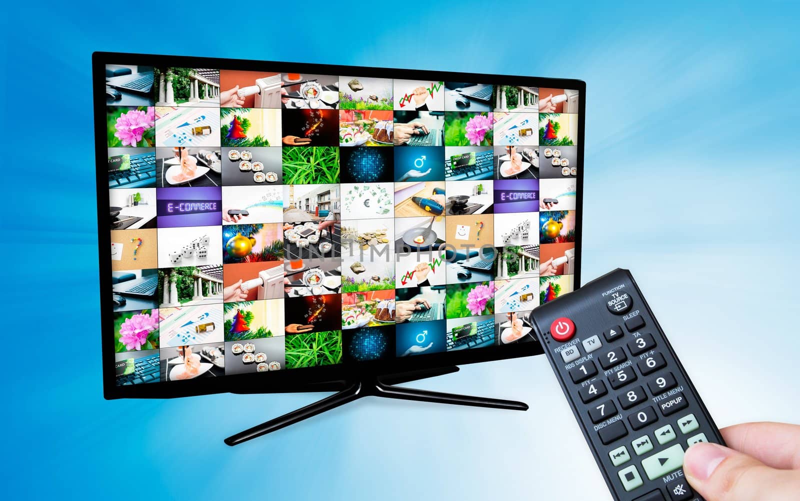 TV with multiple images gallery on blue background. Hand hold remote control