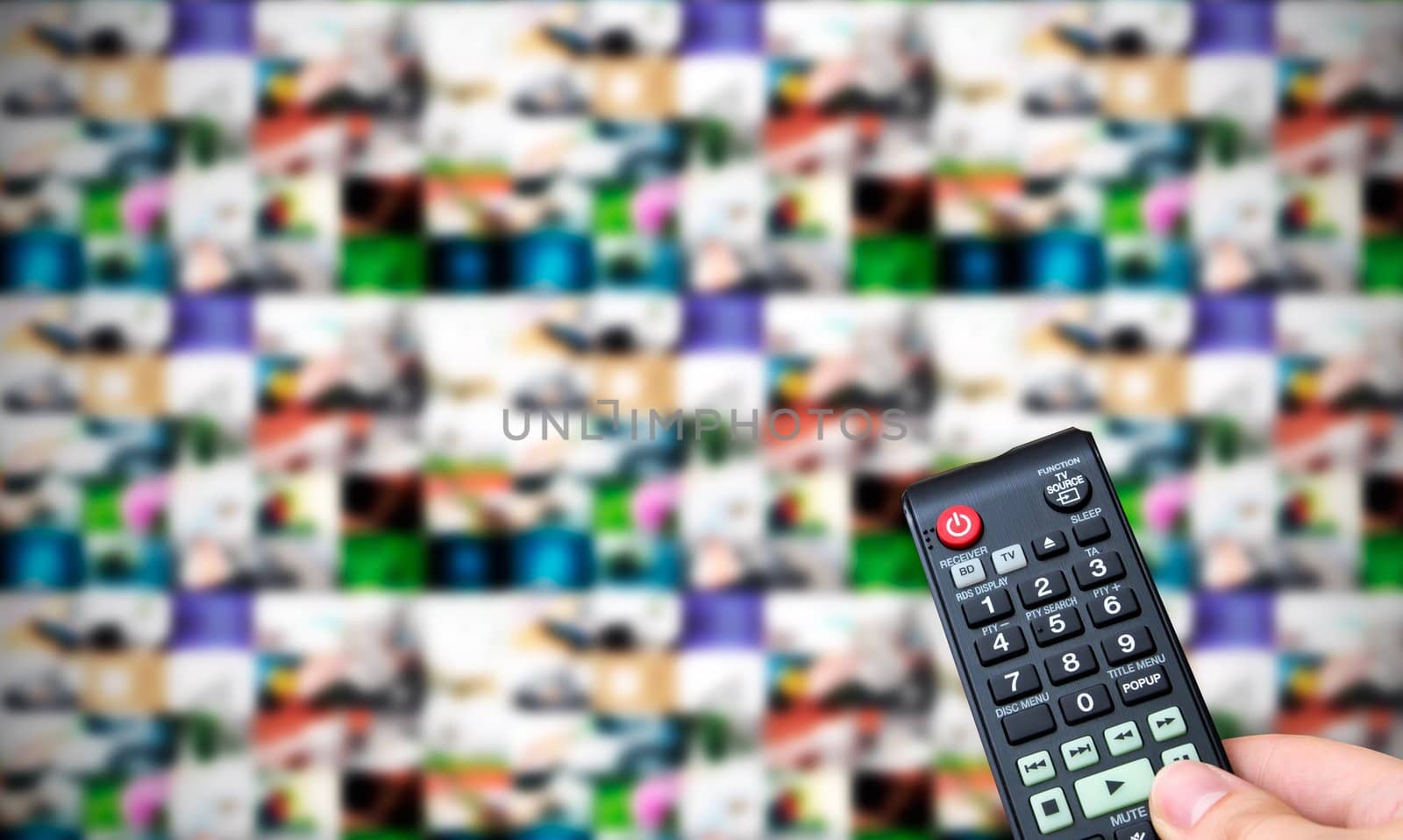Remote control. Multiple images gallery panel in background