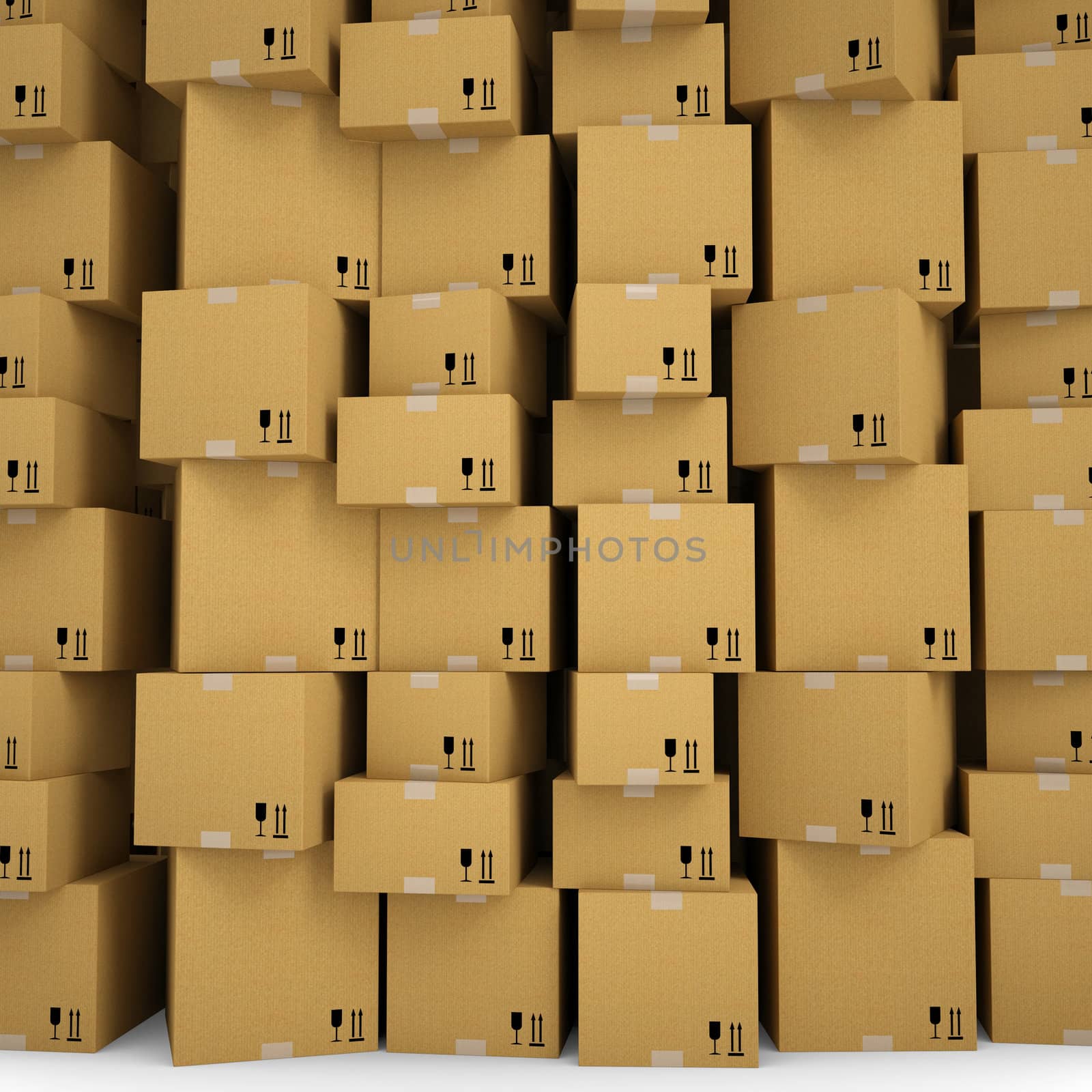 The wall of cardboard boxes. Isolated render on a white background